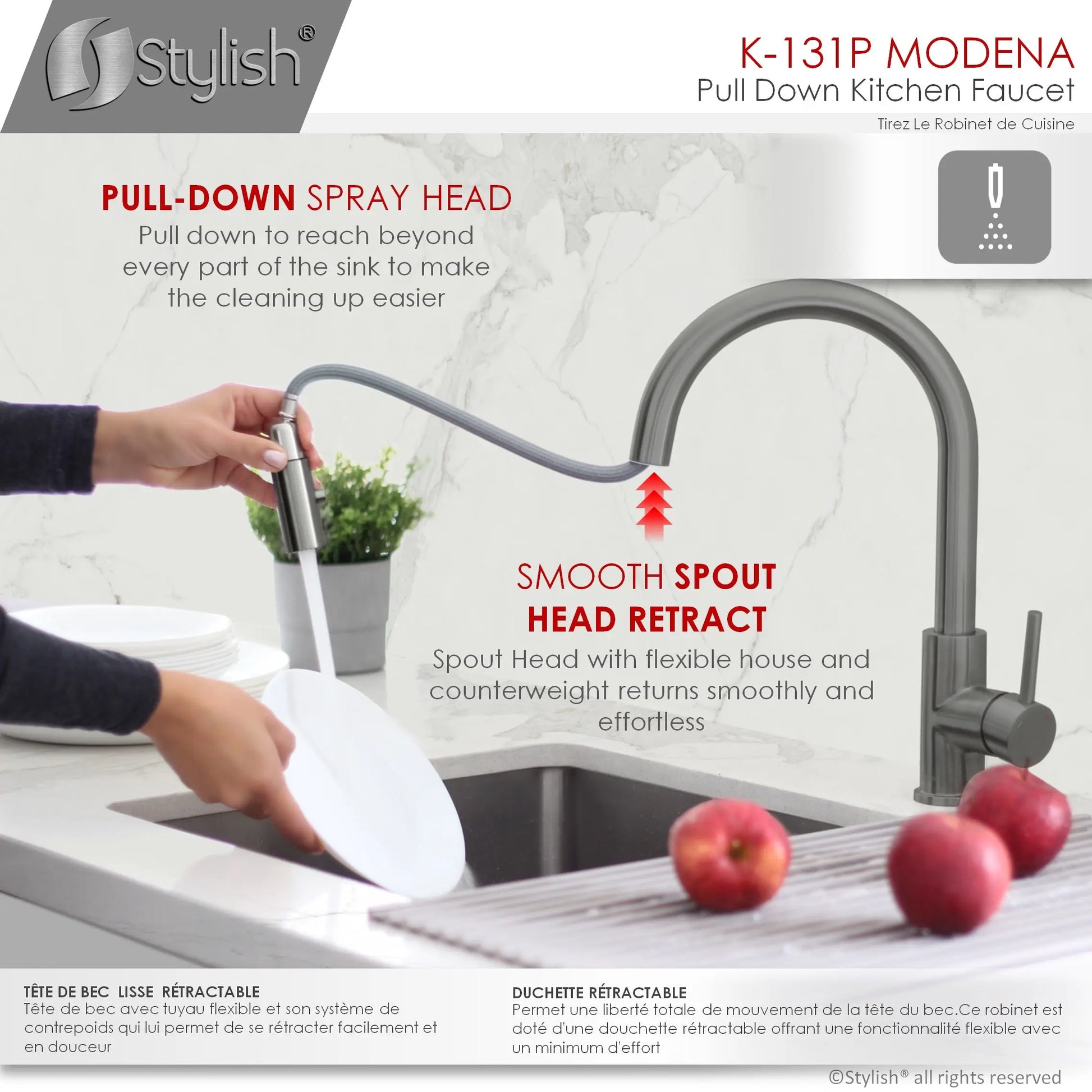 STYLISH Kitchen Sink Faucet Single Handle Pull Down Dual Mode Stainless Steel GunMetal Finish K-131P - Plumbing Market