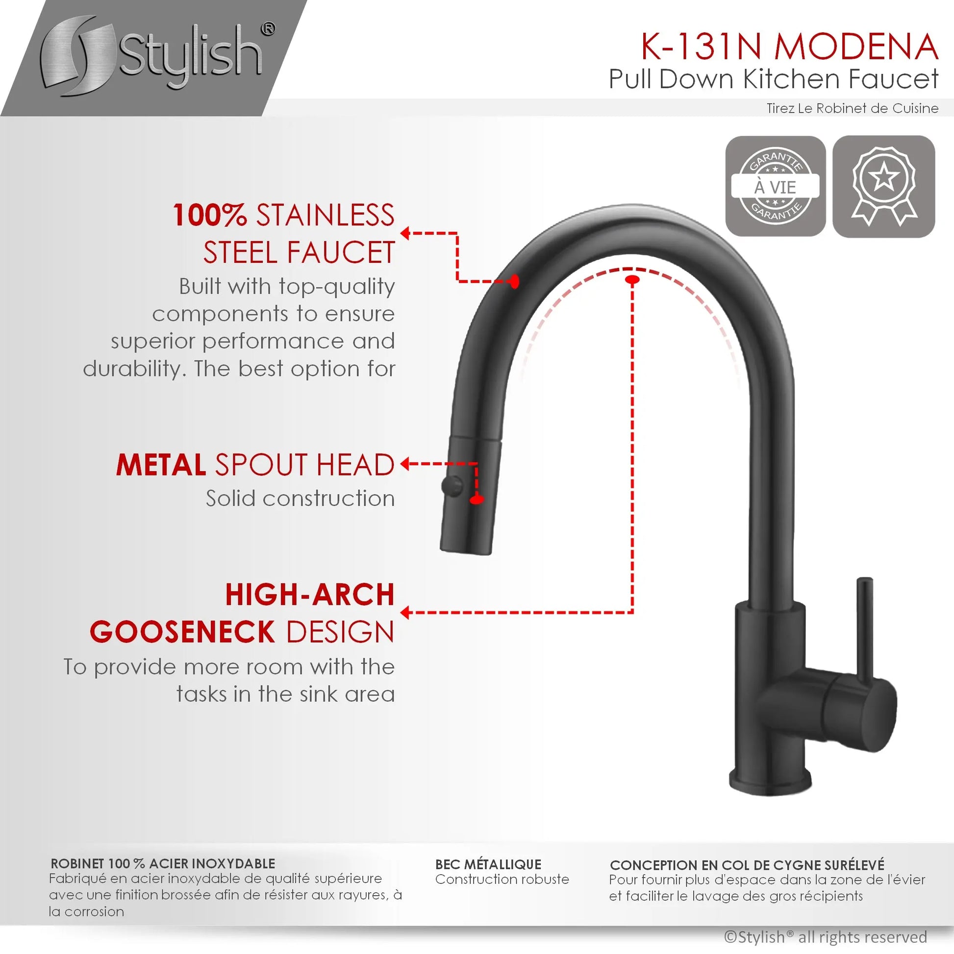 STYLISH Kitchen Sink Faucet Single Handle Pull Down Dual Mode Stainless Steel Matte Black Finish K-131N - Plumbing Market