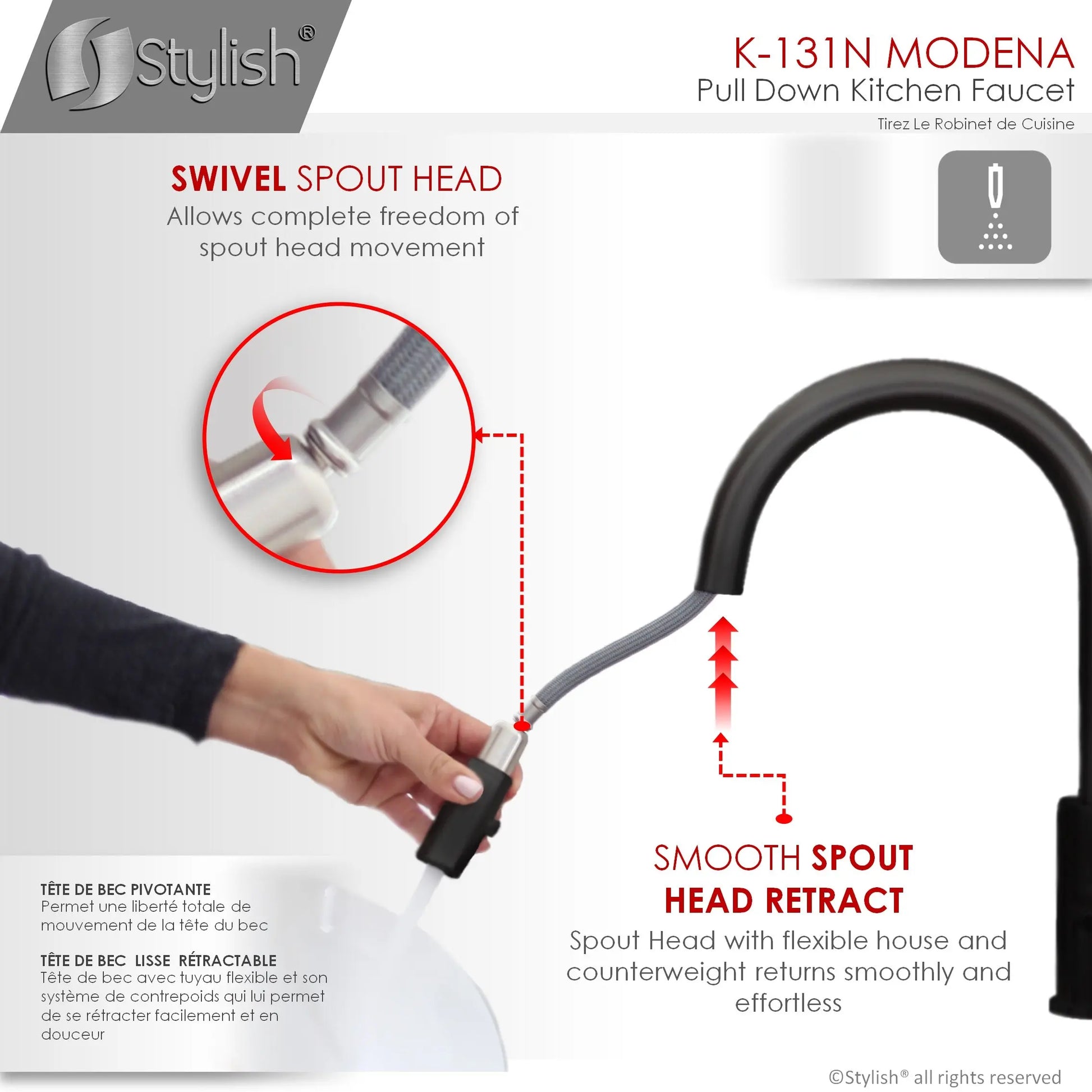 STYLISH Kitchen Sink Faucet Single Handle Pull Down Dual Mode Stainless Steel Matte Black Finish K-131N - Plumbing Market