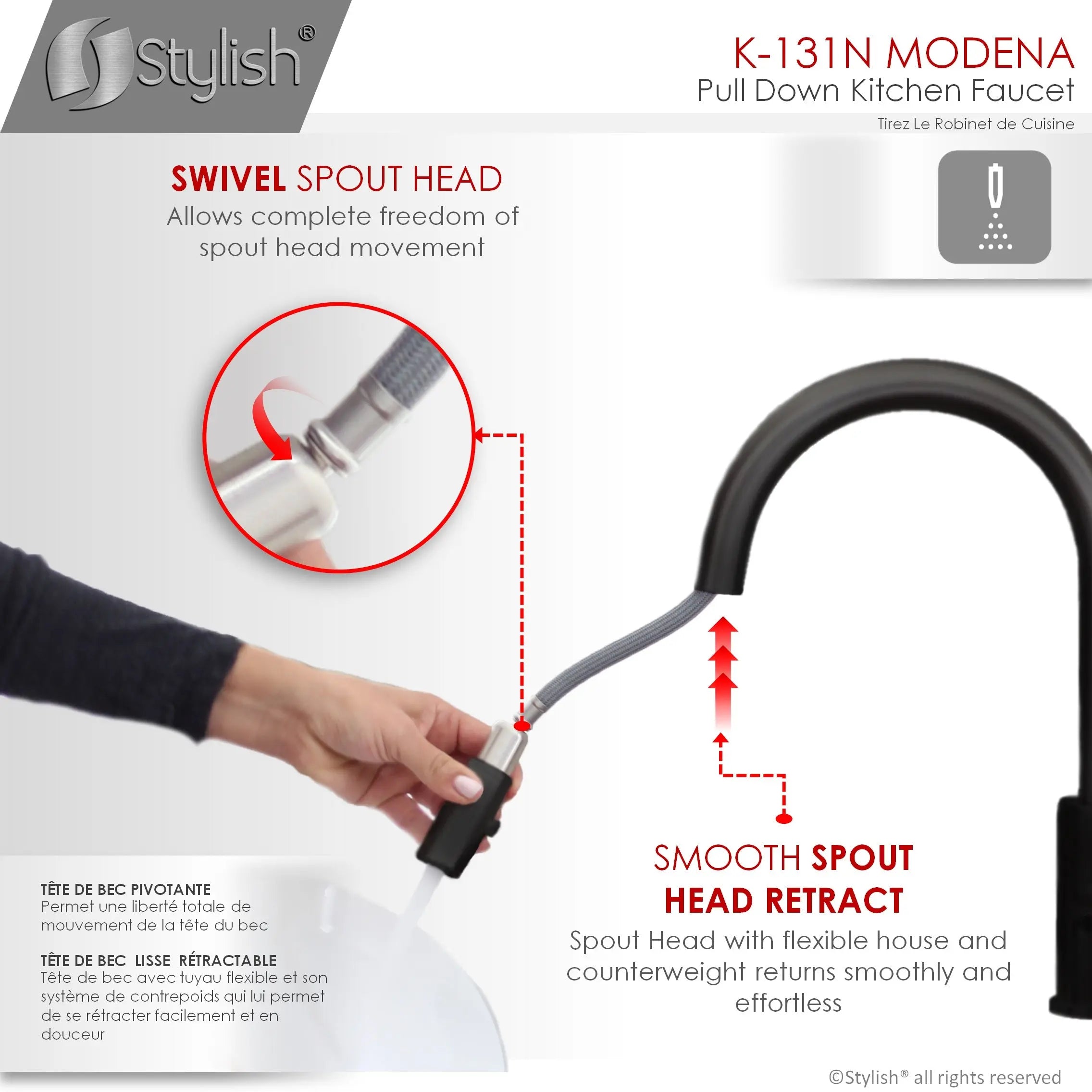STYLISH Kitchen Sink Faucet Single Handle Pull Down Dual Mode Stainless Steel Matte Black Finish K-131N - Plumbing Market