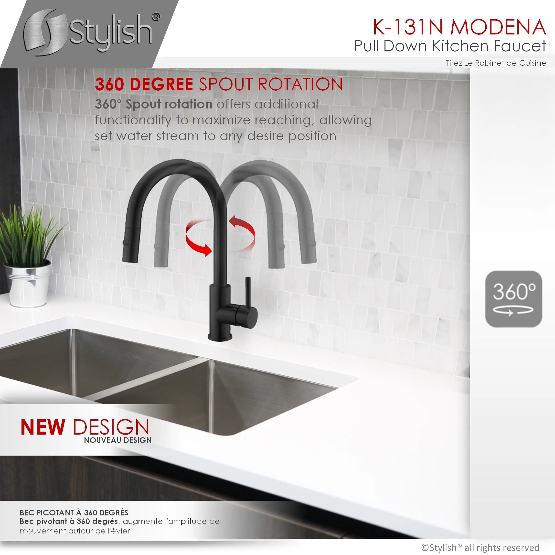 STYLISH Kitchen Sink Faucet Single Handle Pull Down Dual Mode Stainless Steel Matte Black Finish K-131N - Plumbing Market