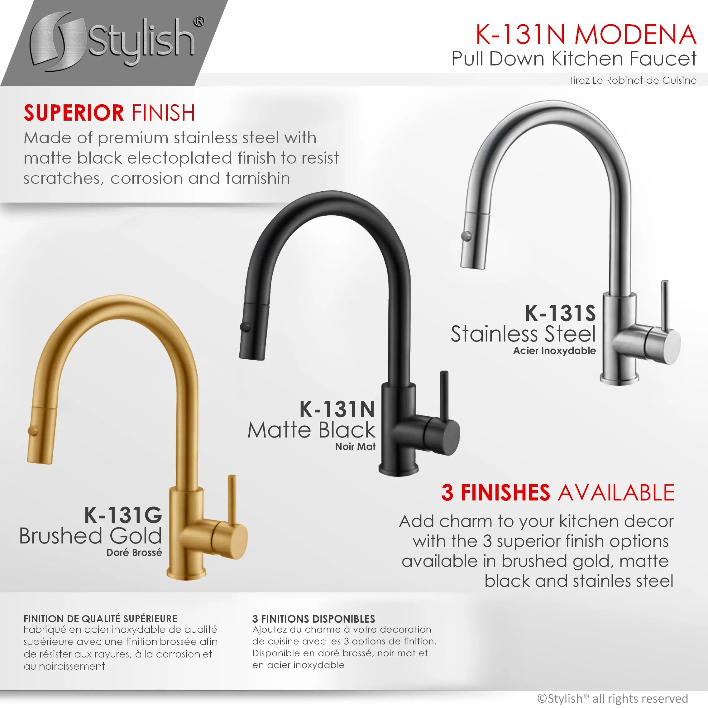 STYLISH Kitchen Sink Faucet Single Handle Pull Down Dual Mode Stainless Steel Matte Black Finish K-131N - Plumbing Market
