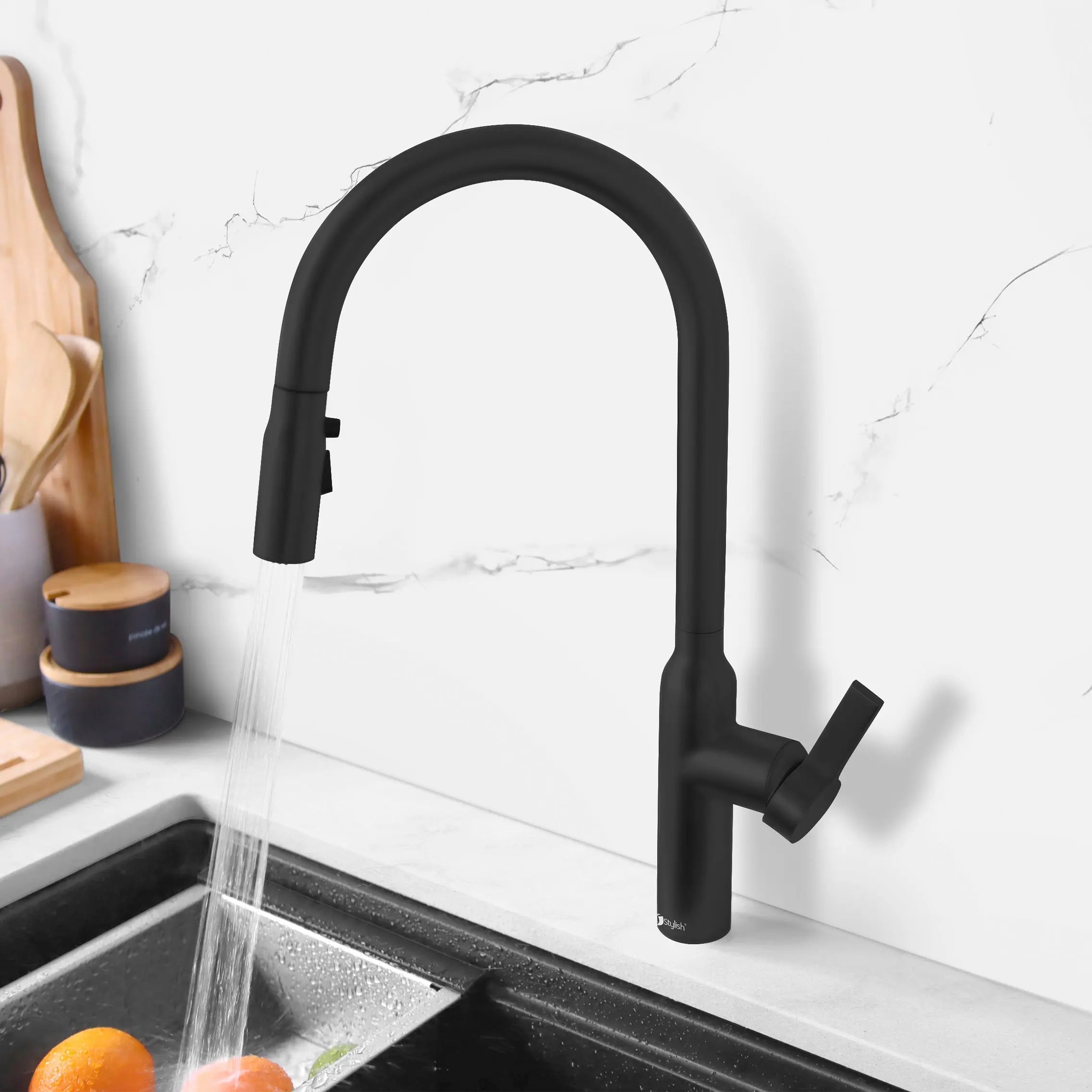 STYLISH Kitchen Sink Faucet Single Handle Pull Down Dual Mode Stainless Steel Matte Black Finish K-133N - Plumbing Market