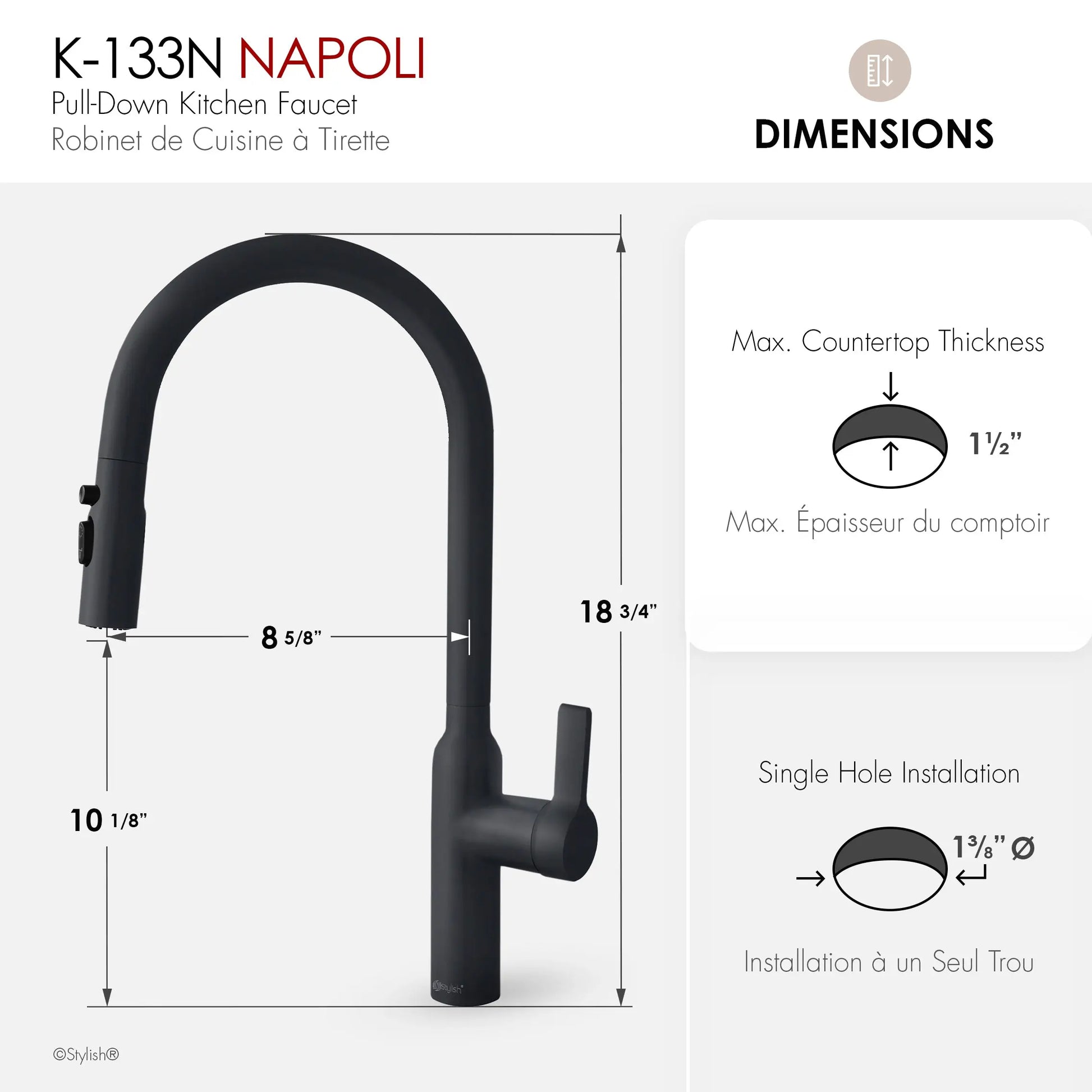 STYLISH Kitchen Sink Faucet Single Handle Pull Down Dual Mode Stainless Steel Matte Black Finish K-133N - Plumbing Market