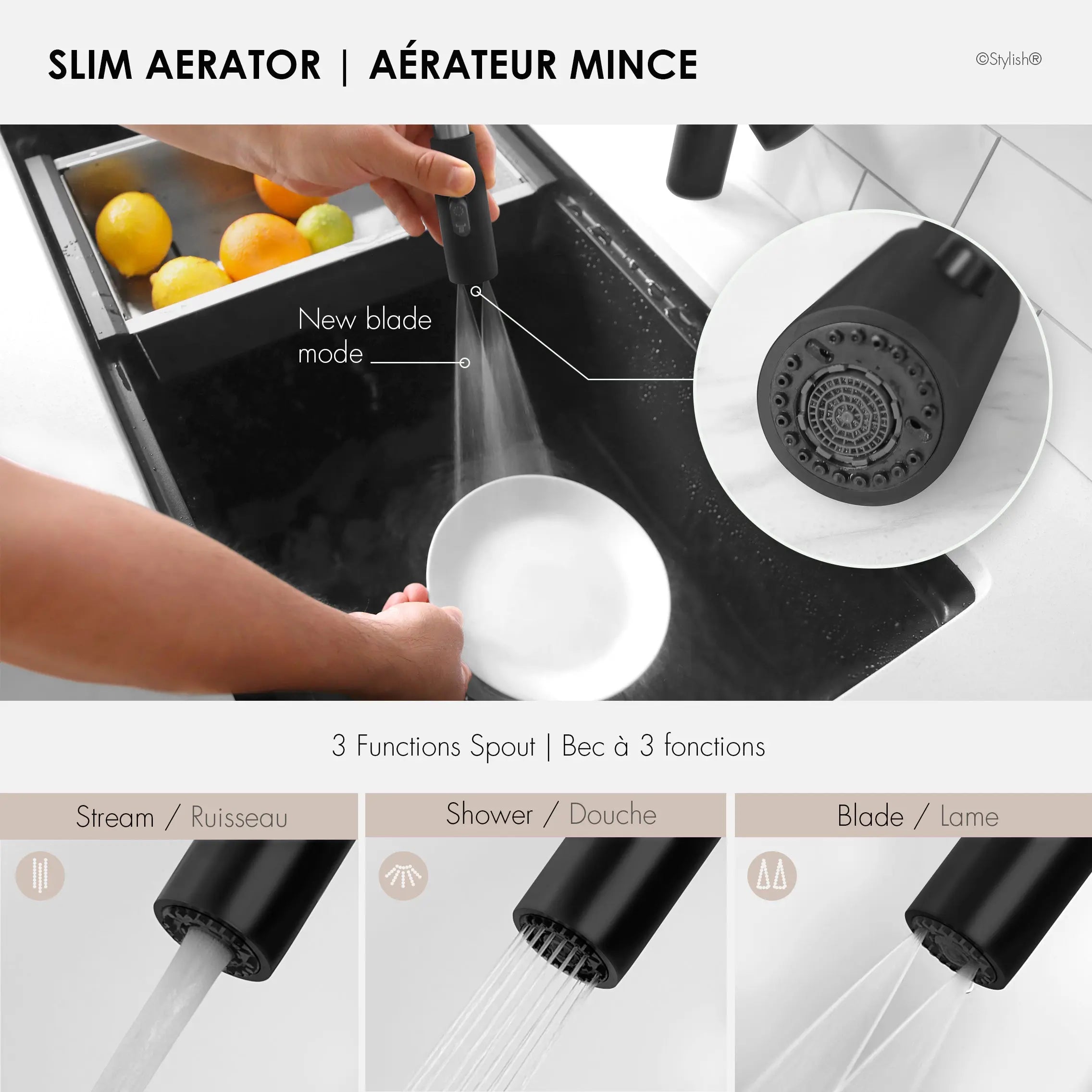 STYLISH Kitchen Sink Faucet Single Handle Pull Down Dual Mode Stainless Steel Matte Black Finish K-133N - Plumbing Market