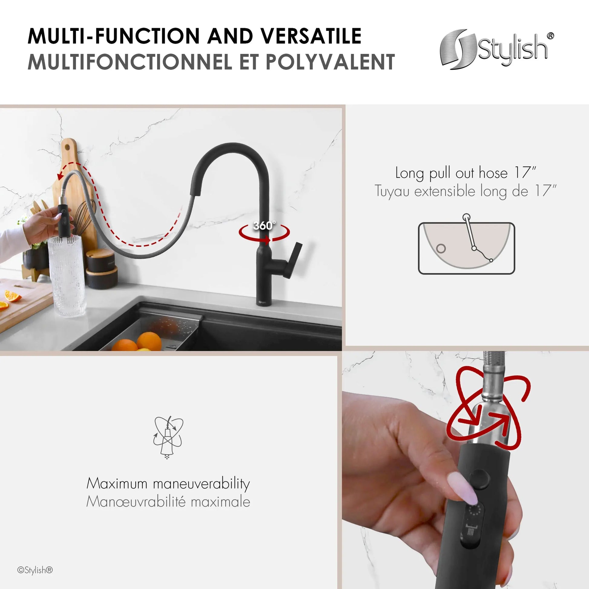STYLISH Kitchen Sink Faucet Single Handle Pull Down Dual Mode Stainless Steel Matte Black Finish K-133N - Plumbing Market