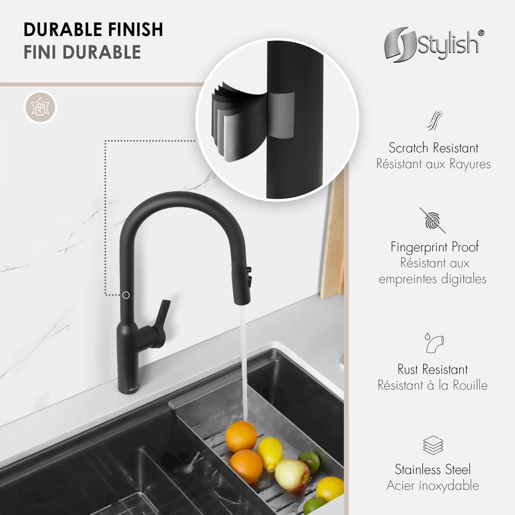 STYLISH Kitchen Sink Faucet Single Handle Pull Down Dual Mode Stainless Steel Matte Black Finish K-133N - Plumbing Market