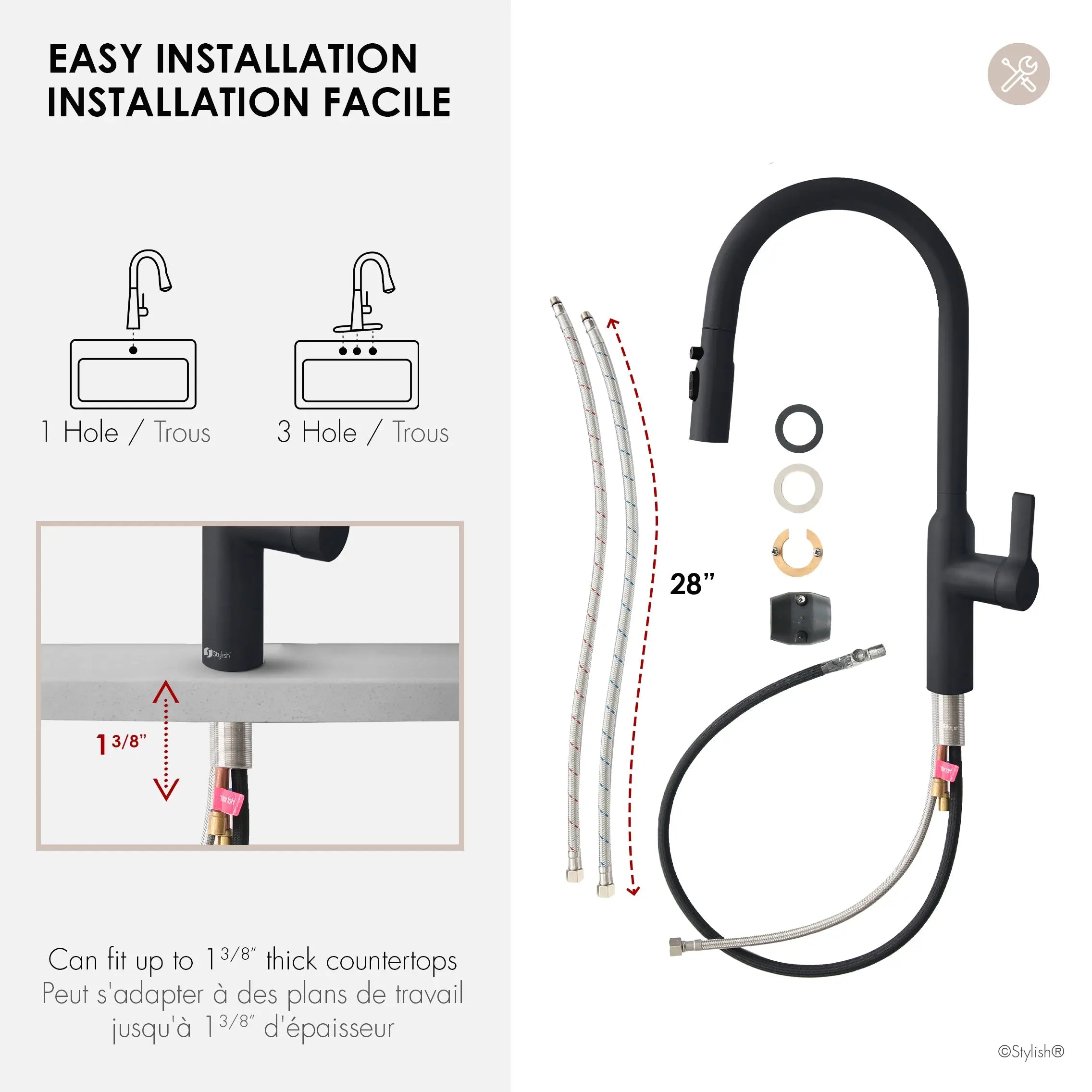 STYLISH Kitchen Sink Faucet Single Handle Pull Down Dual Mode Stainless Steel Matte Black Finish K-133N - Plumbing Market