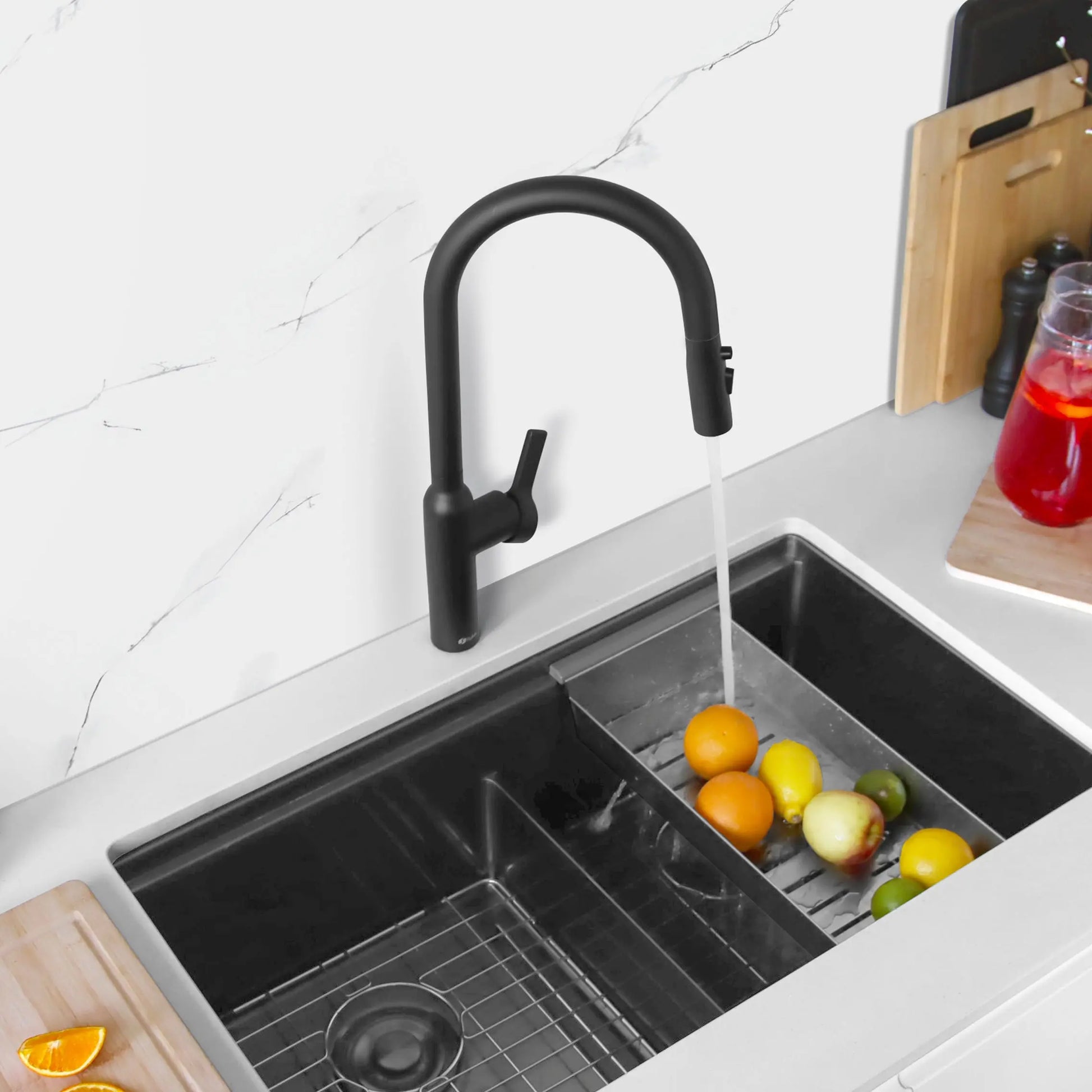 STYLISH Kitchen Sink Faucet Single Handle Pull Down Dual Mode Stainless Steel Matte Black Finish K-133N - Plumbing Market