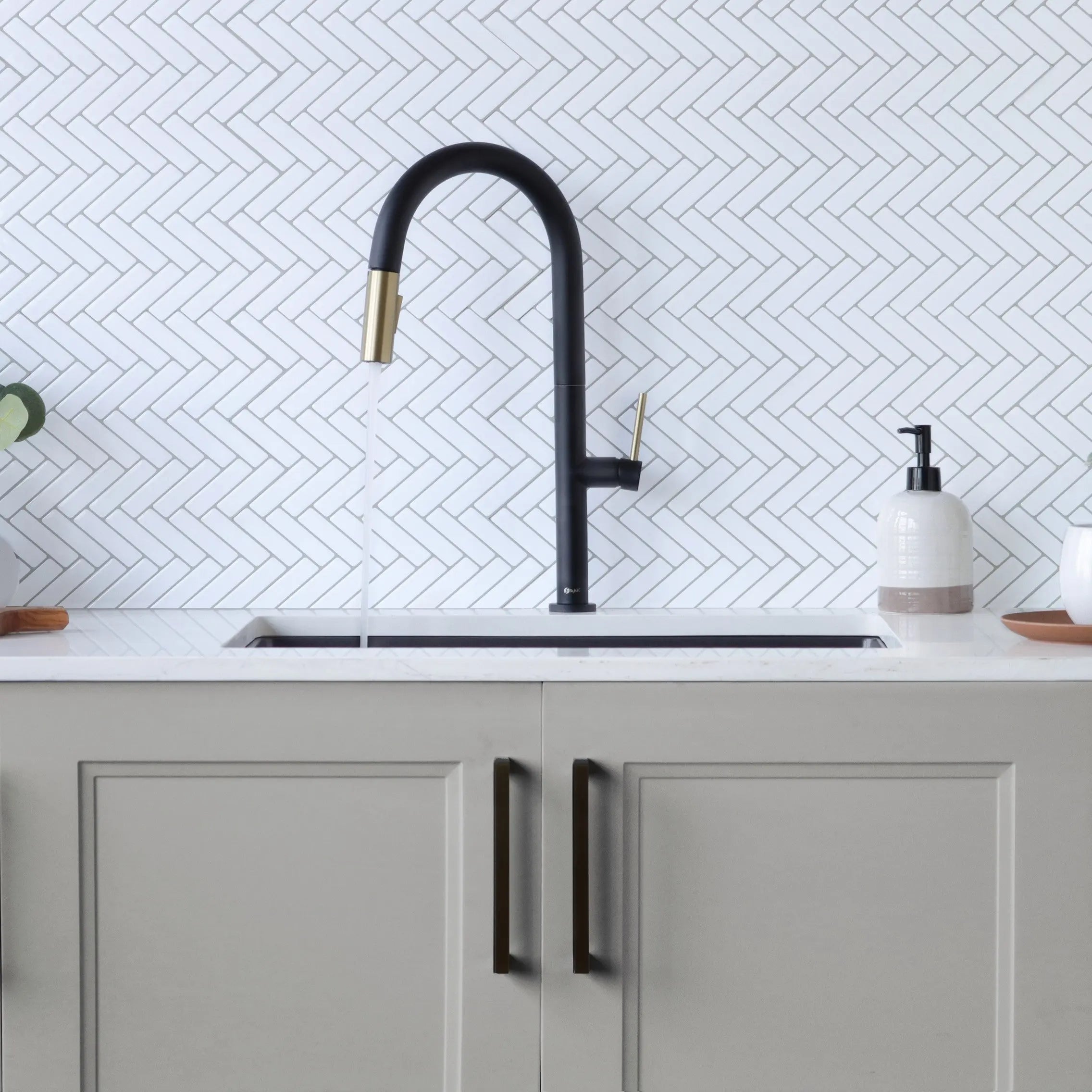 STYLISH Kitchen Sink Faucet Single Handle Pull Down Dual Mode Stainless Steel Matte Black with Brushed Gold Head and Handle Finish K-141NG - Plumbing Market