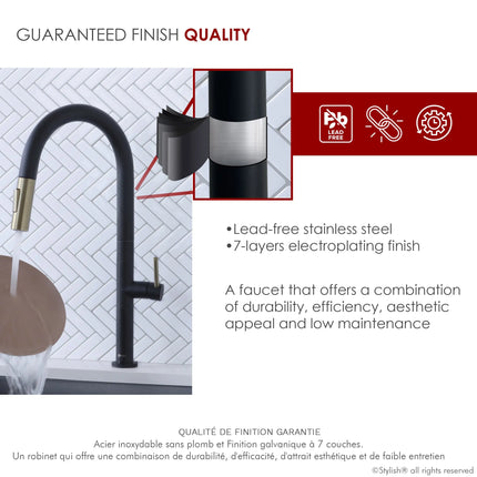 STYLISH Kitchen Sink Faucet Single Handle Pull Down Dual Mode Stainless Steel Matte Black with Brushed Gold Head and Handle Finish K-141NG - Plumbing Market