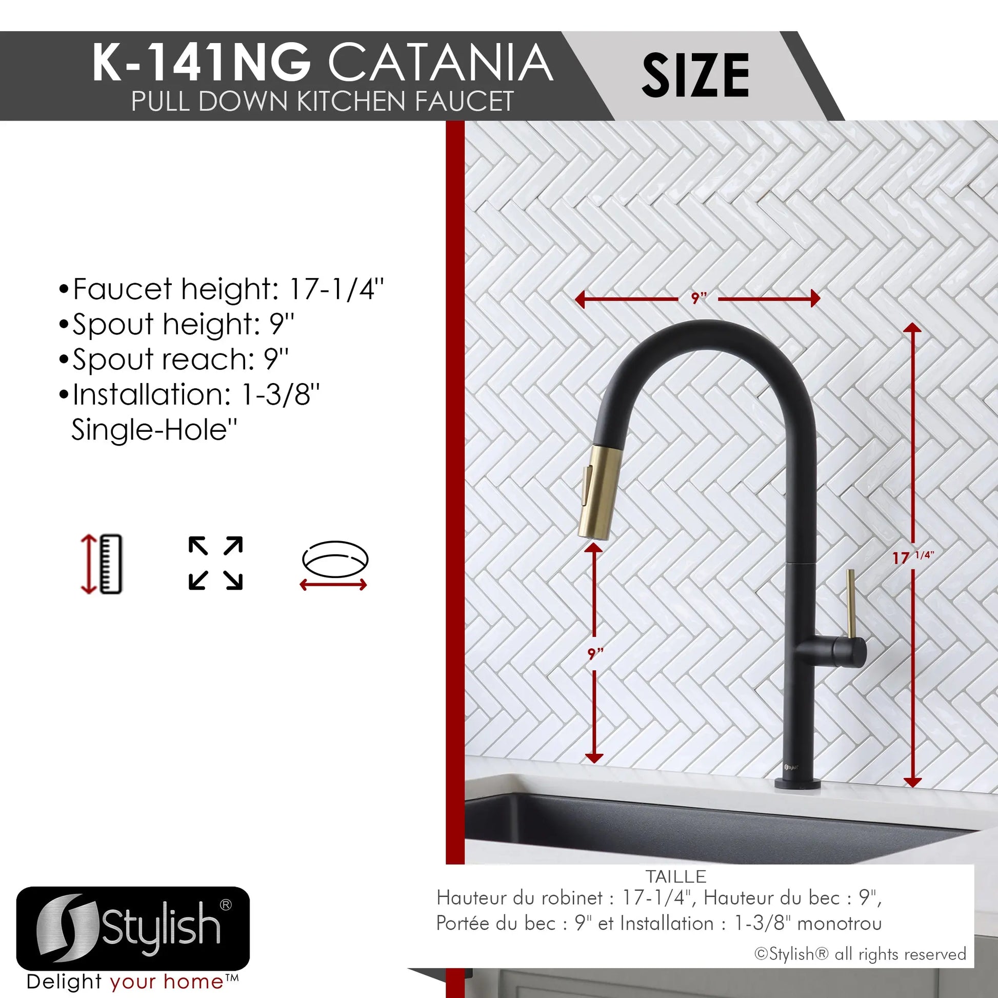 STYLISH Kitchen Sink Faucet Single Handle Pull Down Dual Mode Stainless Steel Matte Black with Brushed Gold Head and Handle Finish K-141NG - Plumbing Market