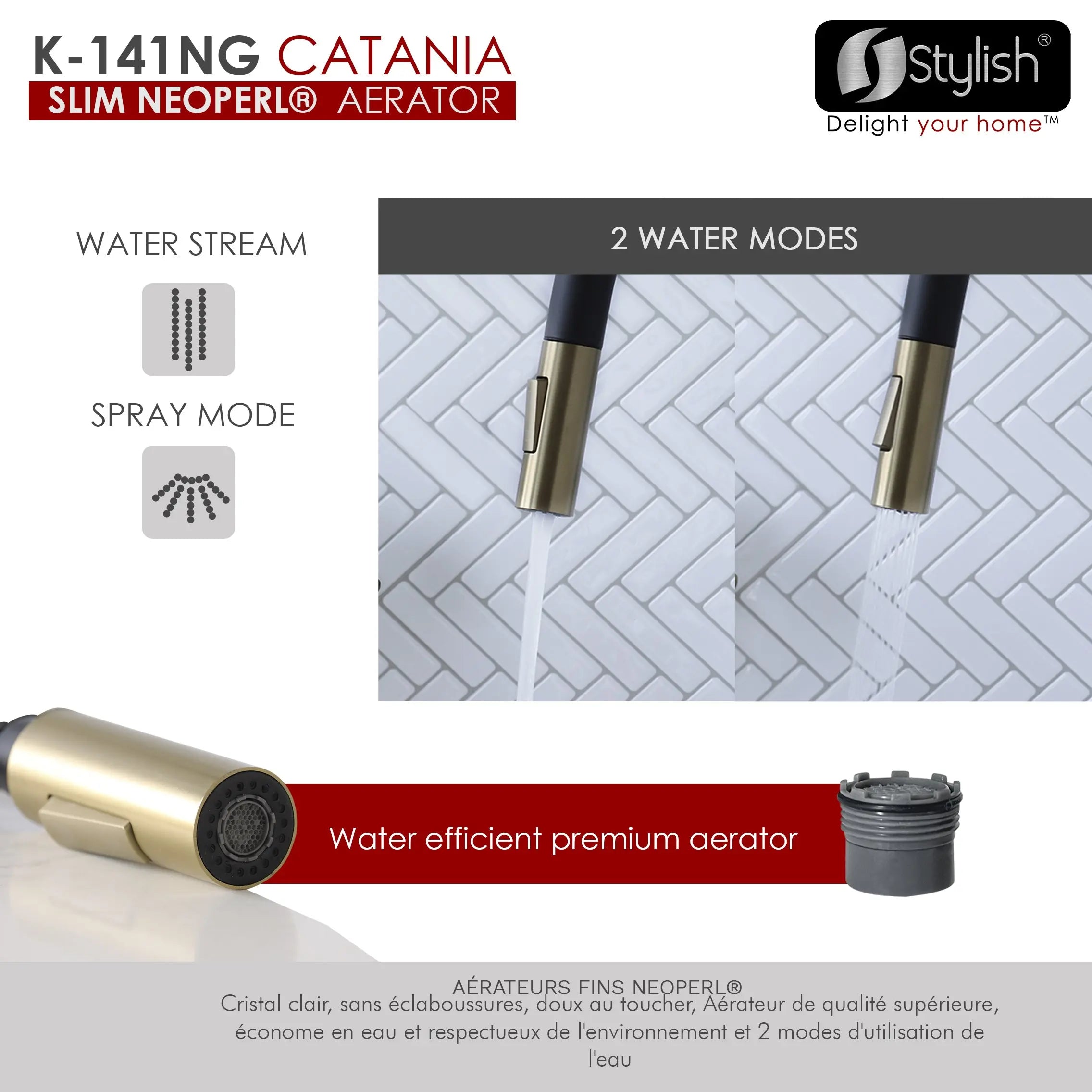 STYLISH Kitchen Sink Faucet Single Handle Pull Down Dual Mode Stainless Steel Matte Black with Brushed Gold Head and Handle Finish K-141NG - Plumbing Market