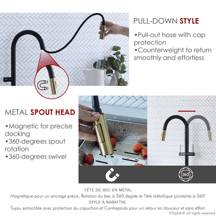 STYLISH Kitchen Sink Faucet Single Handle Pull Down Dual Mode Stainless Steel Matte Black with Brushed Gold Head and Handle Finish K-141NG - Plumbing Market