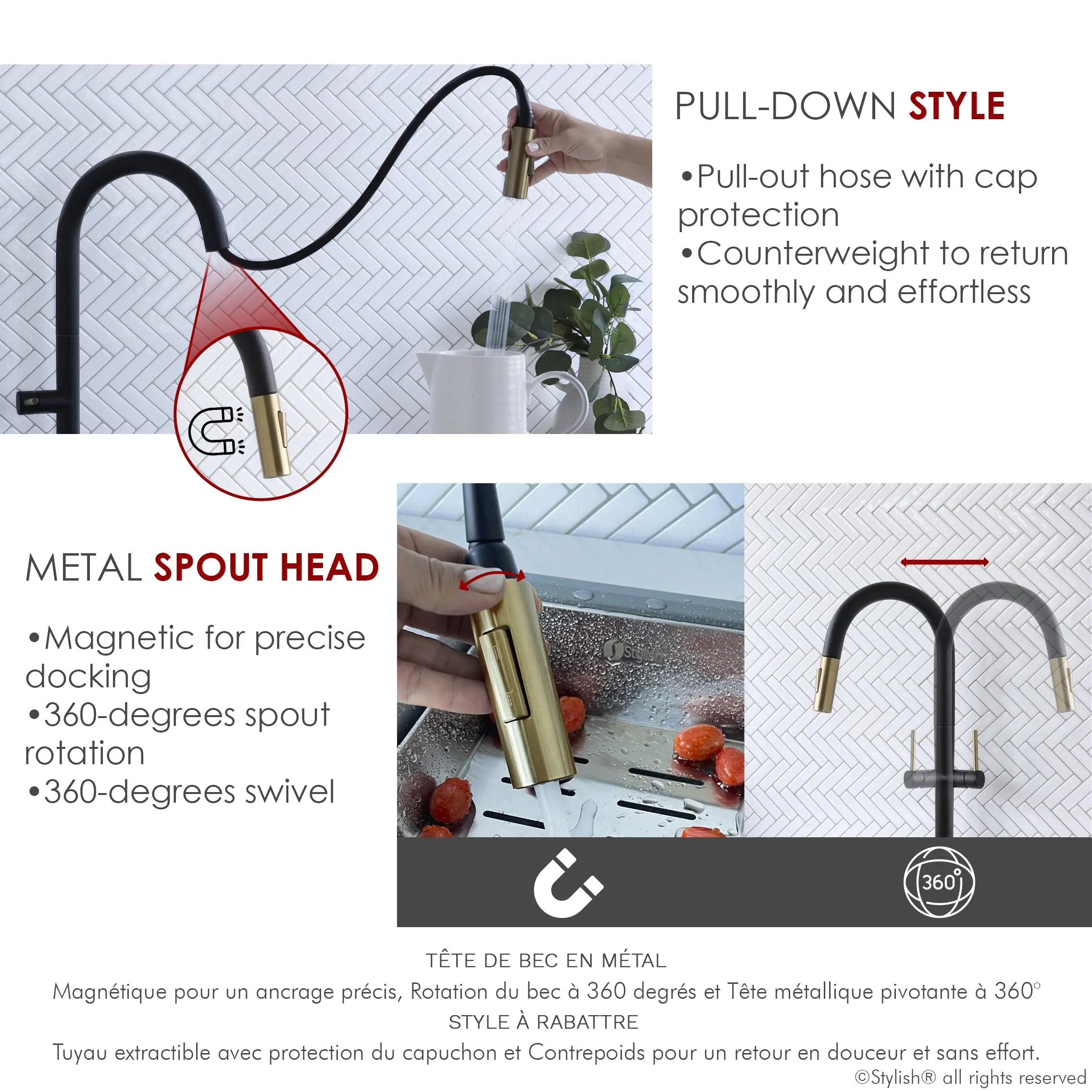 STYLISH Kitchen Sink Faucet Single Handle Pull Down Dual Mode Stainless Steel Matte Black with Brushed Gold Head and Handle Finish K-141NG - Plumbing Market