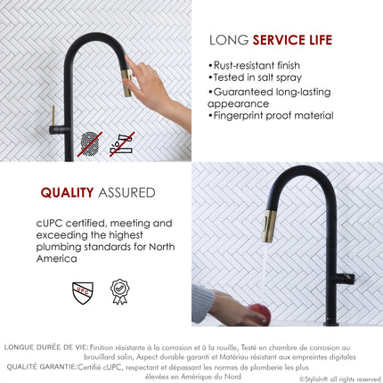 STYLISH Kitchen Sink Faucet Single Handle Pull Down Dual Mode Stainless Steel Matte Black with Brushed Gold Head and Handle Finish K-141NG - Plumbing Market