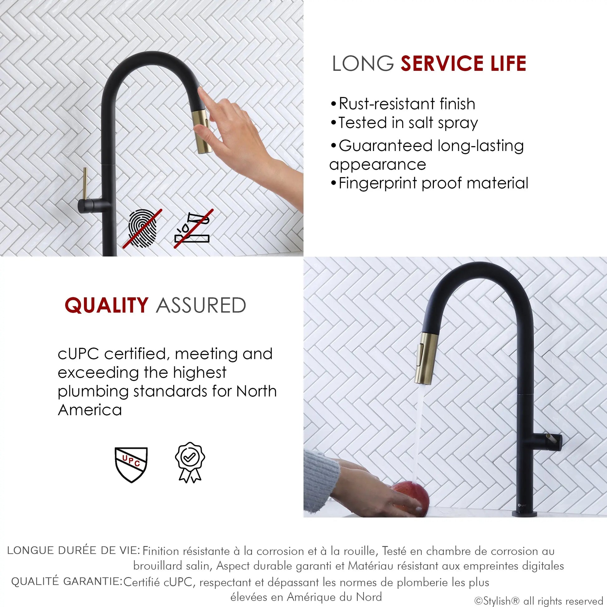 STYLISH Kitchen Sink Faucet Single Handle Pull Down Dual Mode Stainless Steel Matte Black with Brushed Gold Head and Handle Finish K-141NG - Plumbing Market