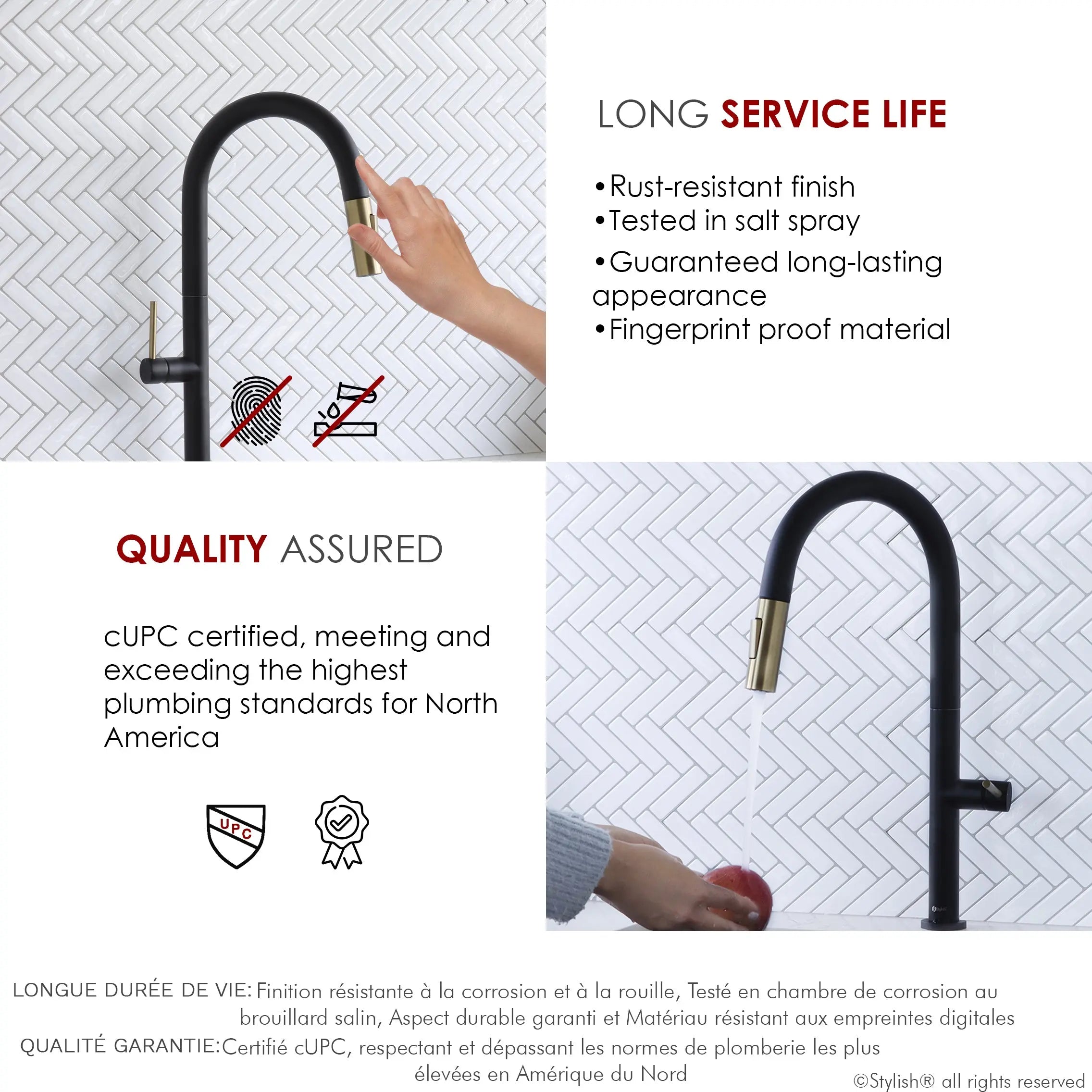 STYLISH Kitchen Sink Faucet Single Handle Pull Down Dual Mode Stainless Steel Matte Black with Brushed Gold Head and Handle Finish K-141NG - Plumbing Market