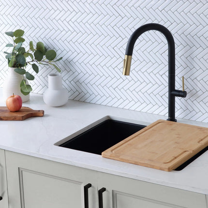 STYLISH Kitchen Sink Faucet Single Handle Pull Down Dual Mode Stainless Steel Matte Black with Brushed Gold Head and Handle Finish K-141NG - Plumbing Market