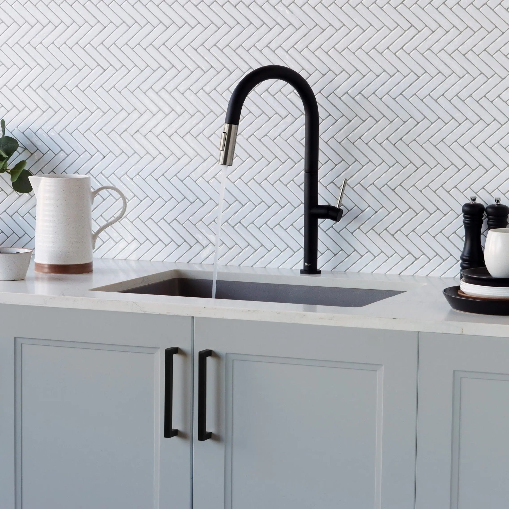 STYLISH Kitchen Sink Faucet Single Handle Pull Down Dual Mode Stainless Steel Matte Black with Brushed Head and Handle Finish K-141NS - Plumbing Market