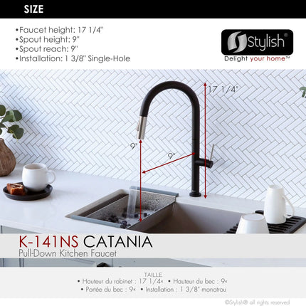 STYLISH Kitchen Sink Faucet Single Handle Pull Down Dual Mode Stainless Steel Matte Black with Brushed Head and Handle Finish K-141NS - Plumbing Market
