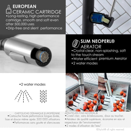 STYLISH Kitchen Sink Faucet Single Handle Pull Down Dual Mode Stainless Steel Matte Black with Brushed Head and Handle Finish K-141NS - Plumbing Market