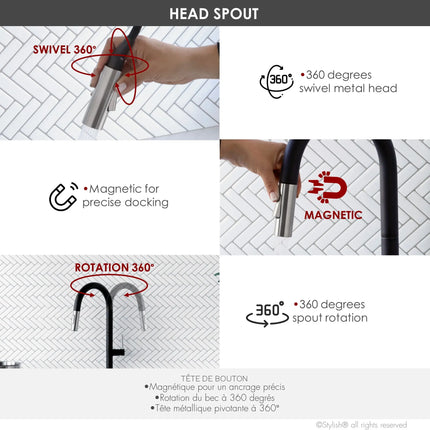 STYLISH Kitchen Sink Faucet Single Handle Pull Down Dual Mode Stainless Steel Matte Black with Brushed Head and Handle Finish K-141NS - Plumbing Market