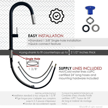 STYLISH Kitchen Sink Faucet Single Handle Pull Down Dual Mode Stainless Steel Matte Black with Brushed Head and Handle Finish K-141NS - Plumbing Market