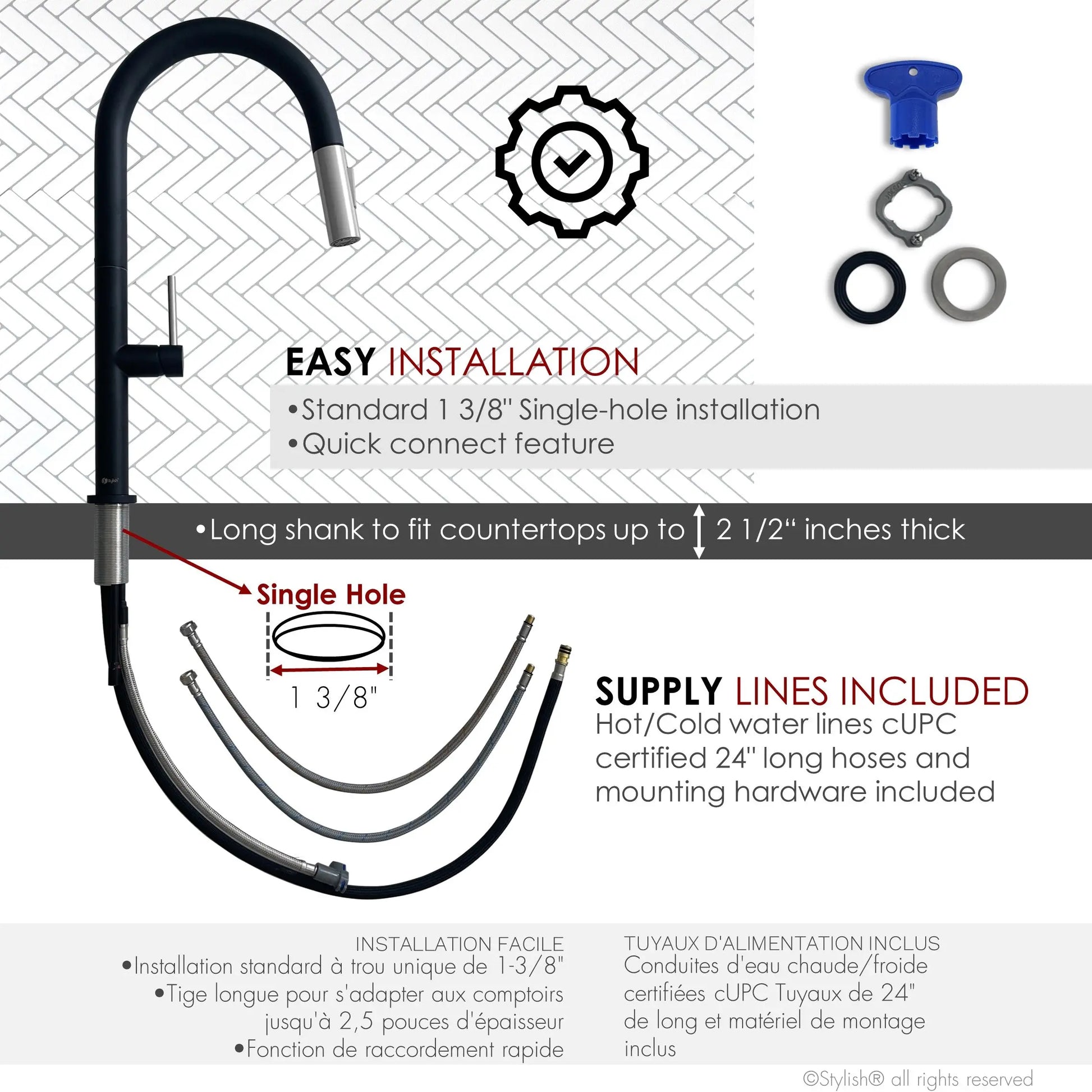 STYLISH Kitchen Sink Faucet Single Handle Pull Down Dual Mode Stainless Steel Matte Black with Brushed Head and Handle Finish K-141NS - Plumbing Market
