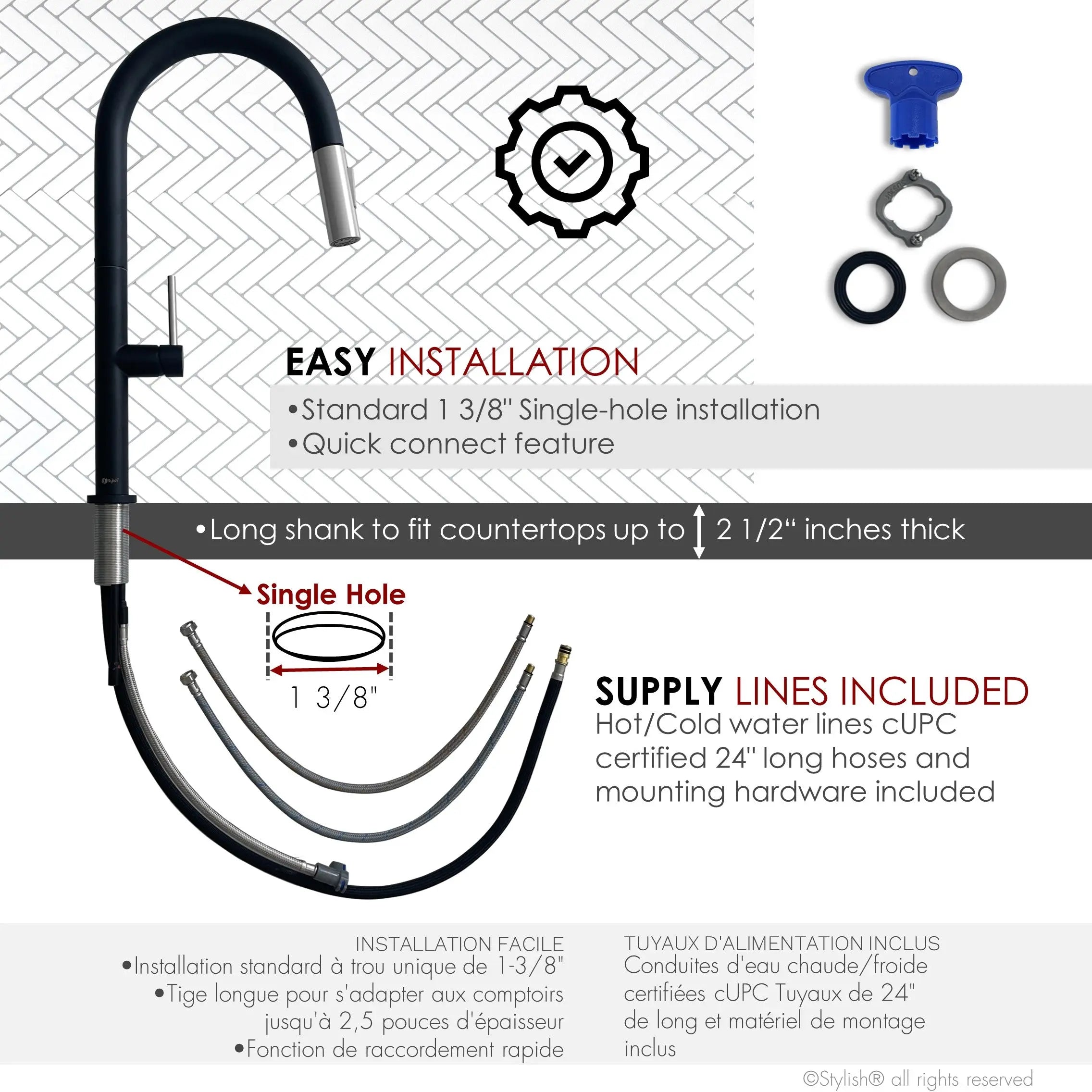 STYLISH Kitchen Sink Faucet Single Handle Pull Down Dual Mode Stainless Steel Matte Black with Brushed Head and Handle Finish K-141NS - Plumbing Market