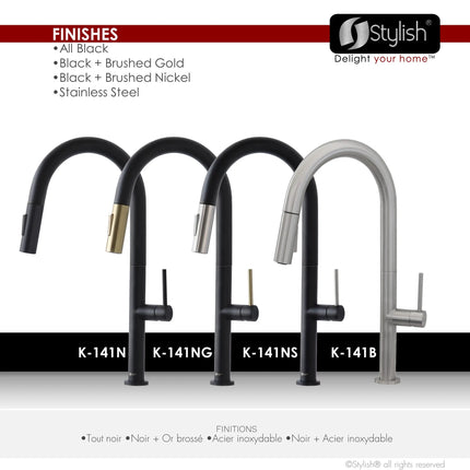 STYLISH Kitchen Sink Faucet Single Handle Pull Down Dual Mode Stainless Steel Matte Black with Brushed Head and Handle Finish K-141NS - Plumbing Market