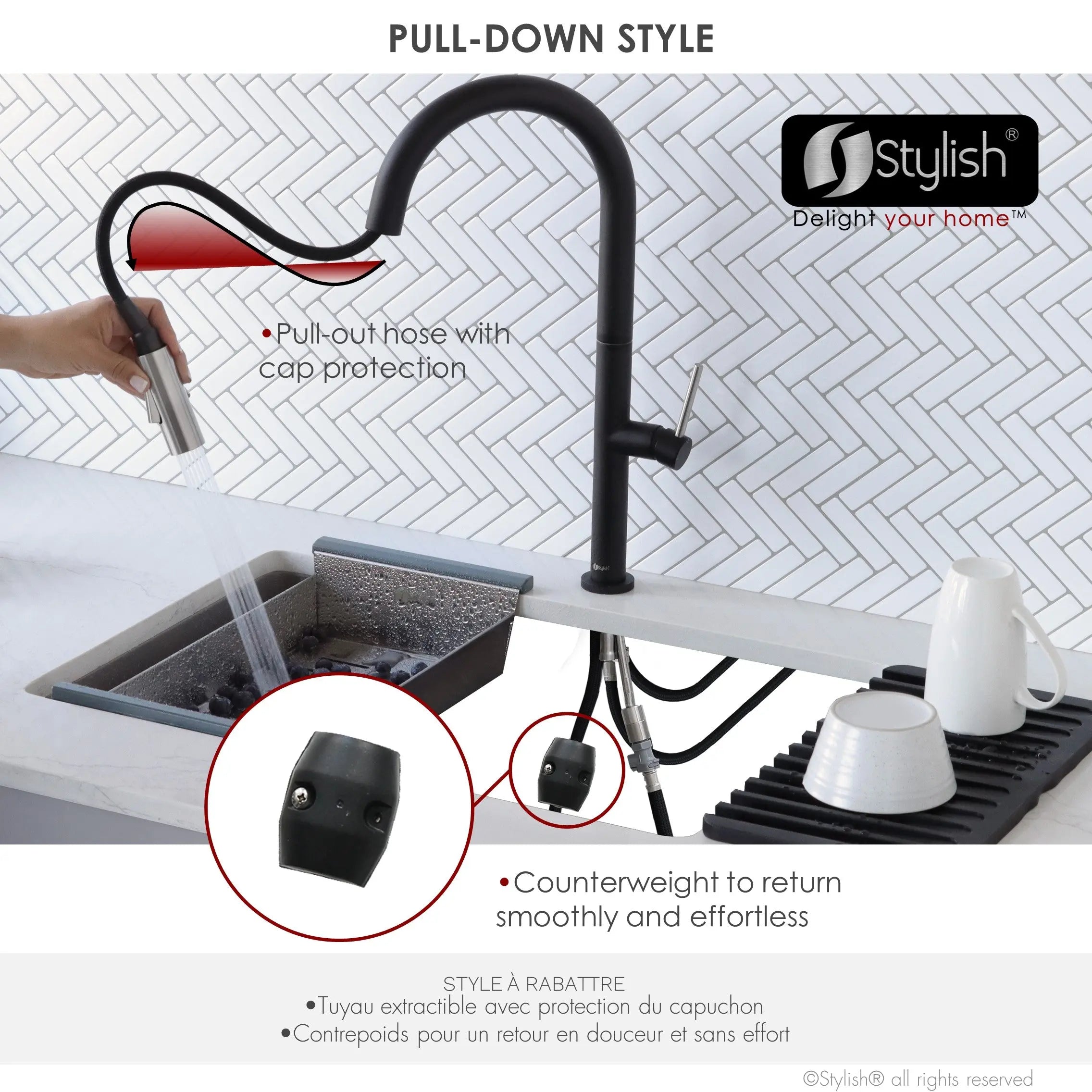 STYLISH Kitchen Sink Faucet Single Handle Pull Down Dual Mode Stainless Steel Matte Black with Brushed Head and Handle Finish K-141NS - Plumbing Market