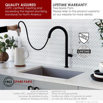 STYLISH Kitchen Sink Faucet Single Handle Pull Down Dual Mode Stainless Steel Matte Black with Brushed Head and Handle Finish K-141NS - Plumbing Market