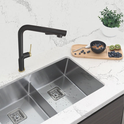 STYLISH Kitchen Sink Faucet Single Handle Pull Down Dual Mode Stainless Steel Matte Black with Gold Base and Handle Finish K-146NG - Plumbing Market