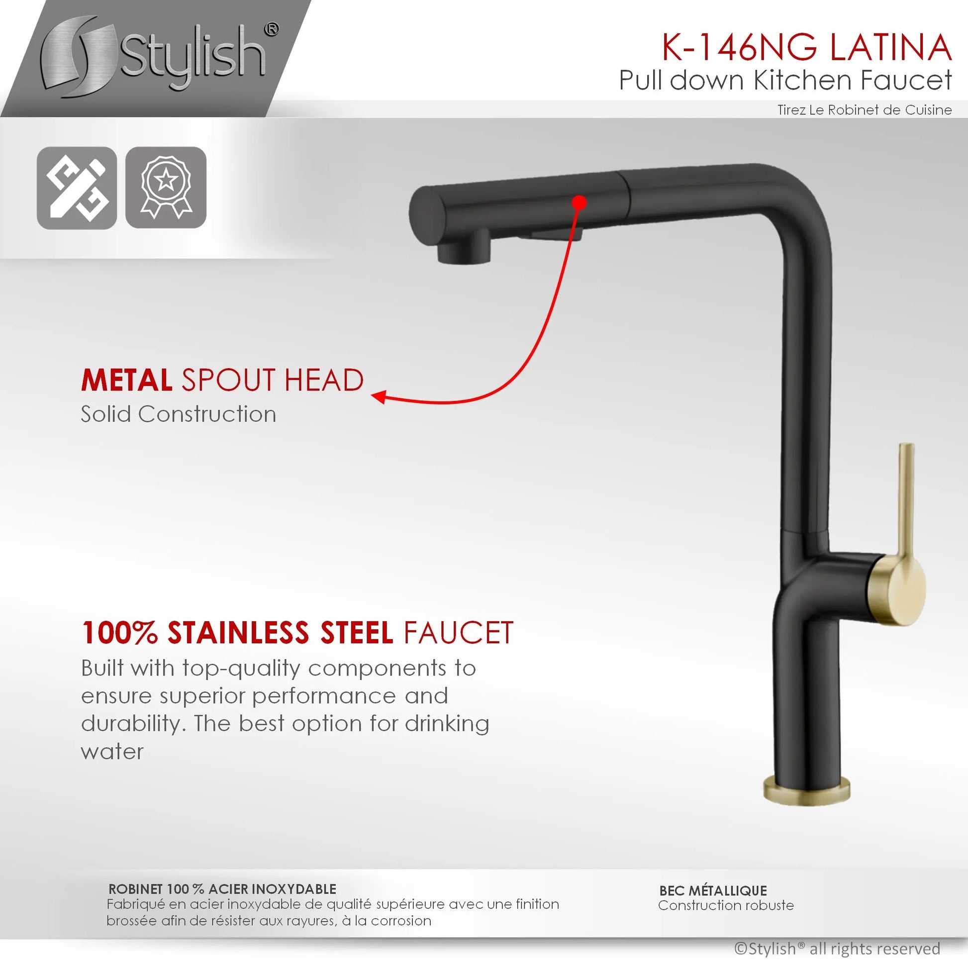 STYLISH Kitchen Sink Faucet Single Handle Pull Down Dual Mode Stainless Steel Matte Black with Gold Base and Handle Finish K-146NG - Plumbing Market