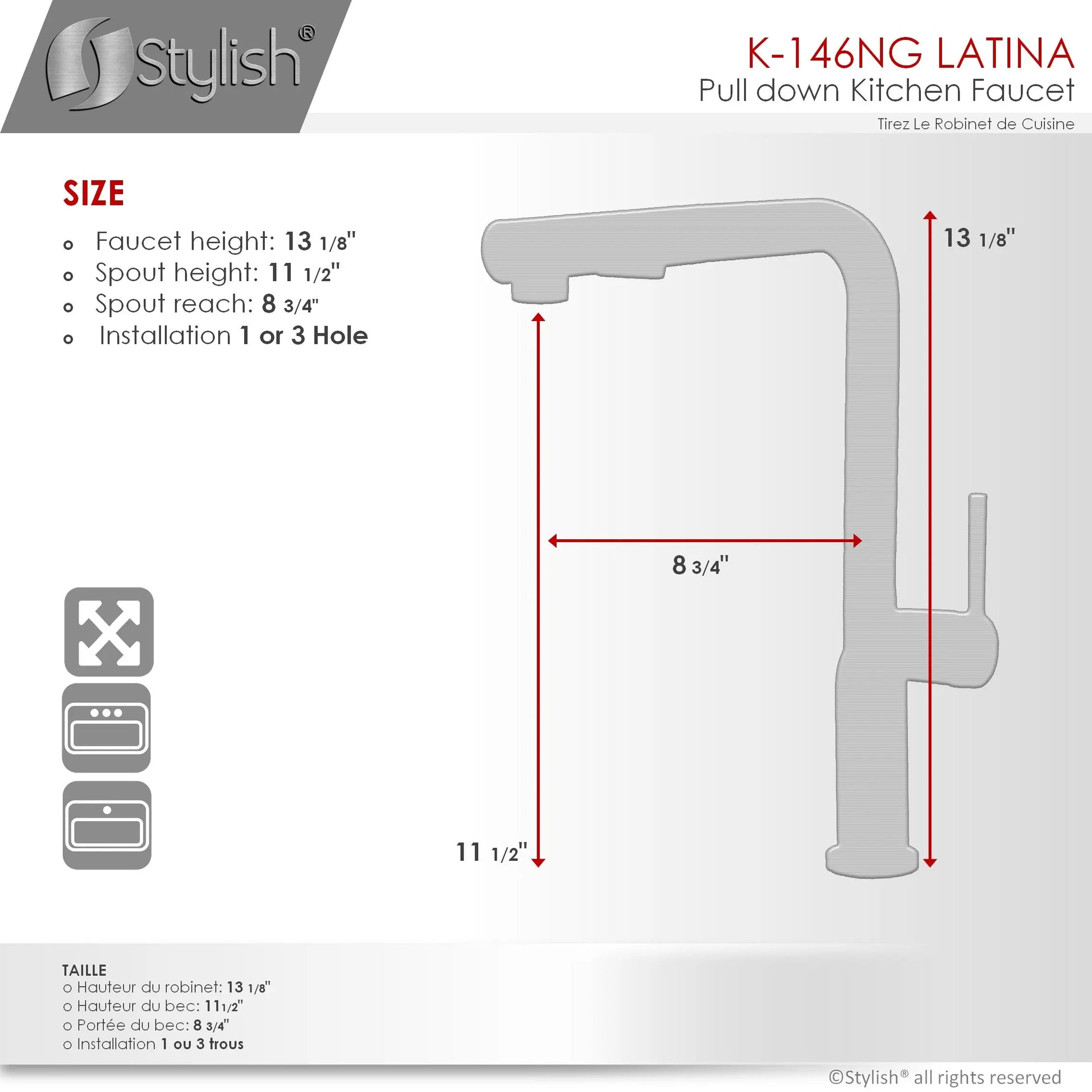 STYLISH Kitchen Sink Faucet Single Handle Pull Down Dual Mode Stainless Steel Matte Black with Gold Base and Handle Finish K-146NG - Plumbing Market