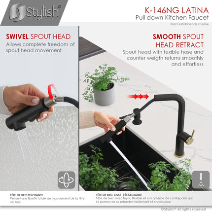 STYLISH Kitchen Sink Faucet Single Handle Pull Down Dual Mode Stainless Steel Matte Black with Gold Base and Handle Finish K-146NG - Plumbing Market