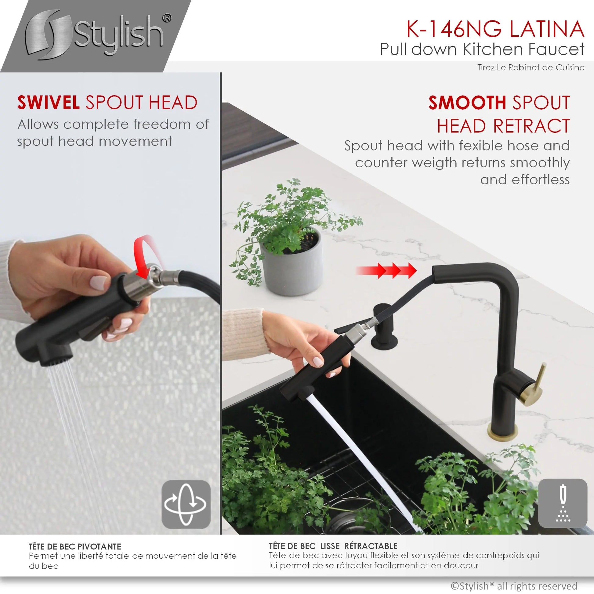 STYLISH Kitchen Sink Faucet Single Handle Pull Down Dual Mode Stainless Steel Matte Black with Gold Base and Handle Finish K-146NG - Plumbing Market