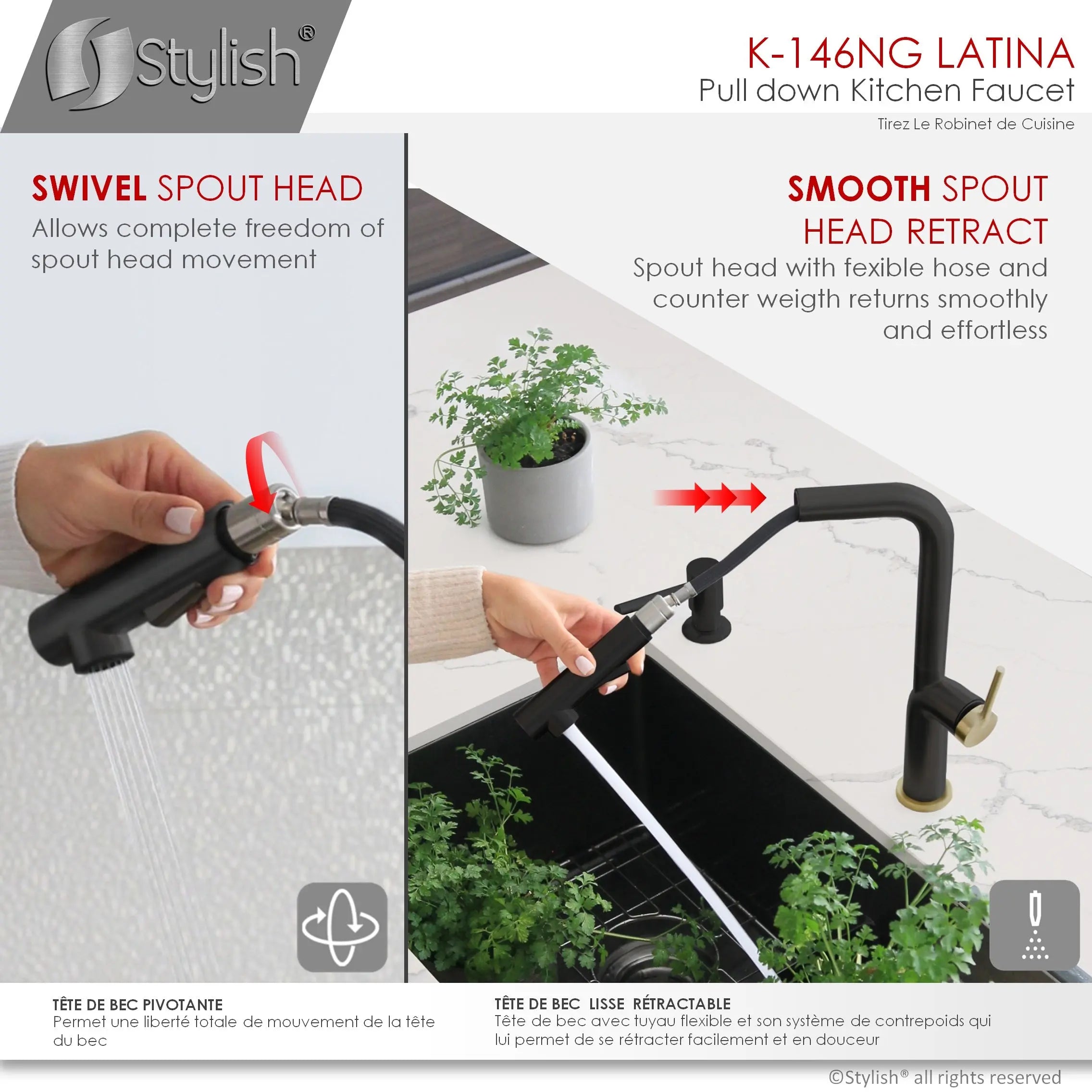 STYLISH Kitchen Sink Faucet Single Handle Pull Down Dual Mode Stainless Steel Matte Black with Gold Base and Handle Finish K-146NG - Plumbing Market