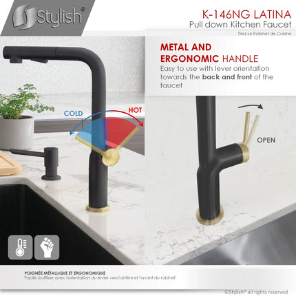 STYLISH Kitchen Sink Faucet Single Handle Pull Down Dual Mode Stainless Steel Matte Black with Gold Base and Handle Finish K-146NG - Plumbing Market