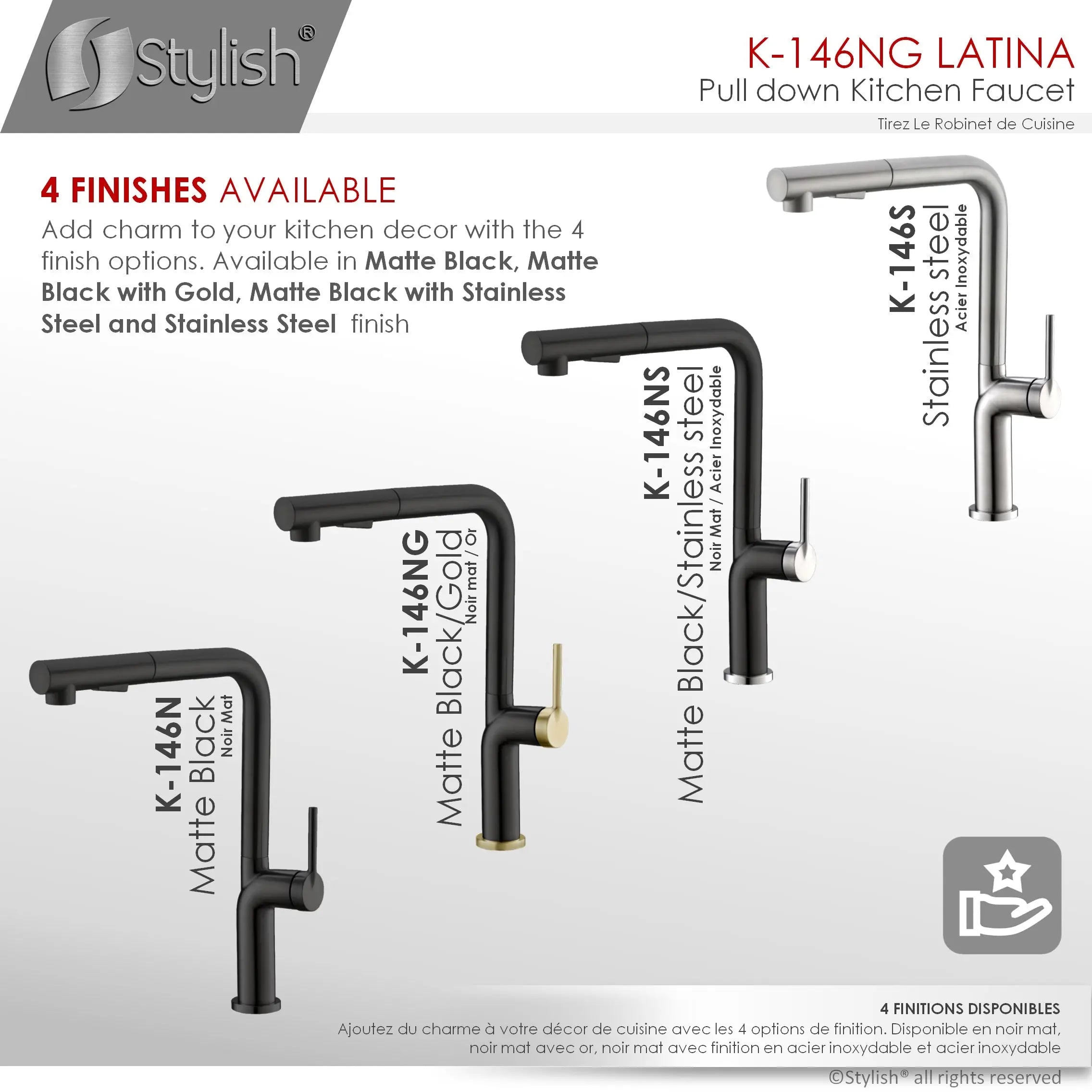 STYLISH Kitchen Sink Faucet Single Handle Pull Down Dual Mode Stainless Steel Matte Black with Gold Base and Handle Finish K-146NG - Plumbing Market