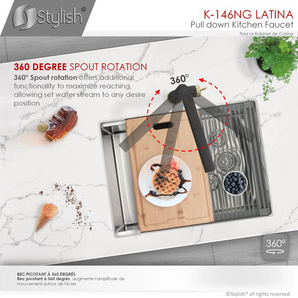 STYLISH Kitchen Sink Faucet Single Handle Pull Down Dual Mode Stainless Steel Matte Black with Gold Base and Handle Finish K-146NG - Plumbing Market