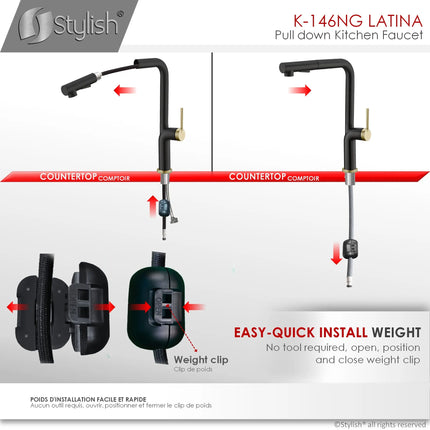 STYLISH Kitchen Sink Faucet Single Handle Pull Down Dual Mode Stainless Steel Matte Black with Gold Base and Handle Finish K-146NG - Plumbing Market