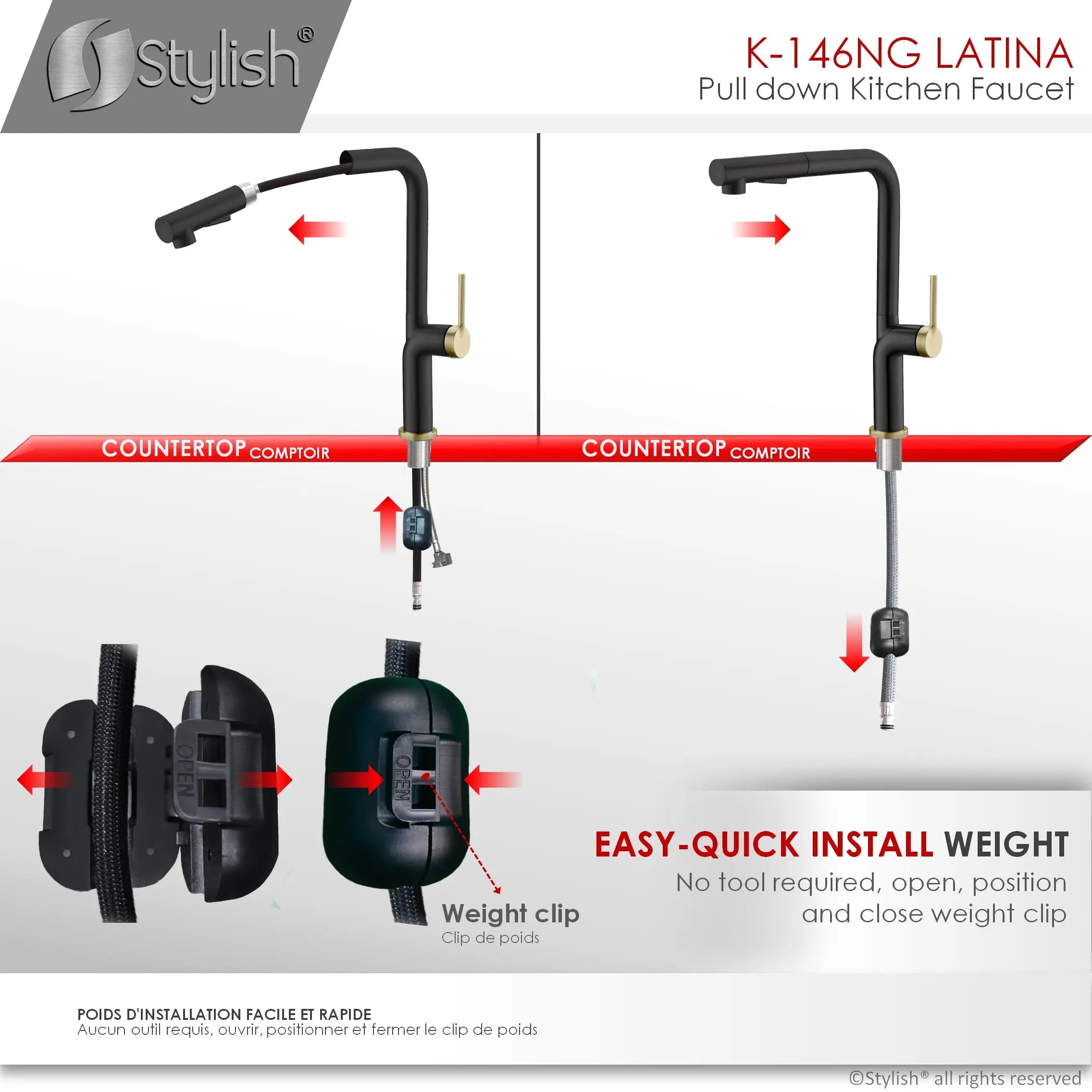 STYLISH Kitchen Sink Faucet Single Handle Pull Down Dual Mode Stainless Steel Matte Black with Gold Base and Handle Finish K-146NG - Plumbing Market
