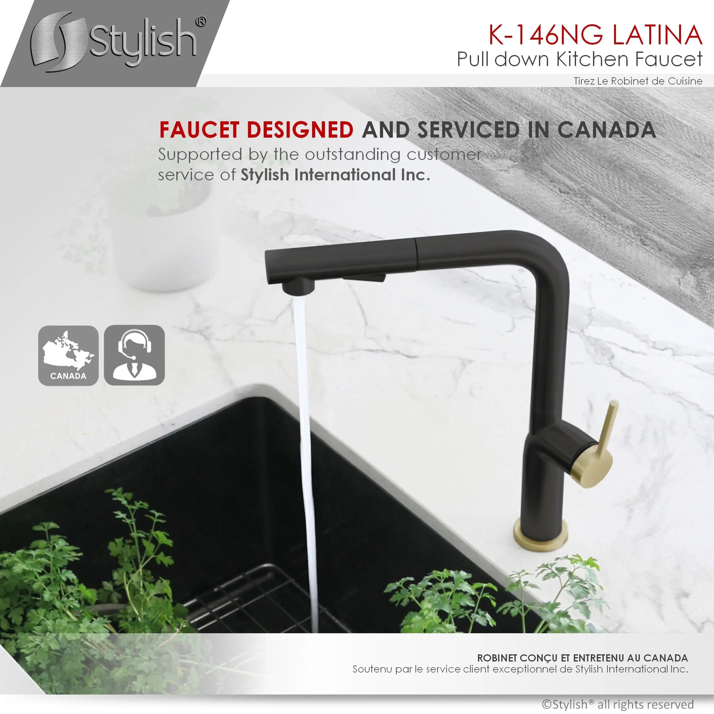STYLISH Kitchen Sink Faucet Single Handle Pull Down Dual Mode Stainless Steel Matte Black with Gold Base and Handle Finish K-146NG - Plumbing Market