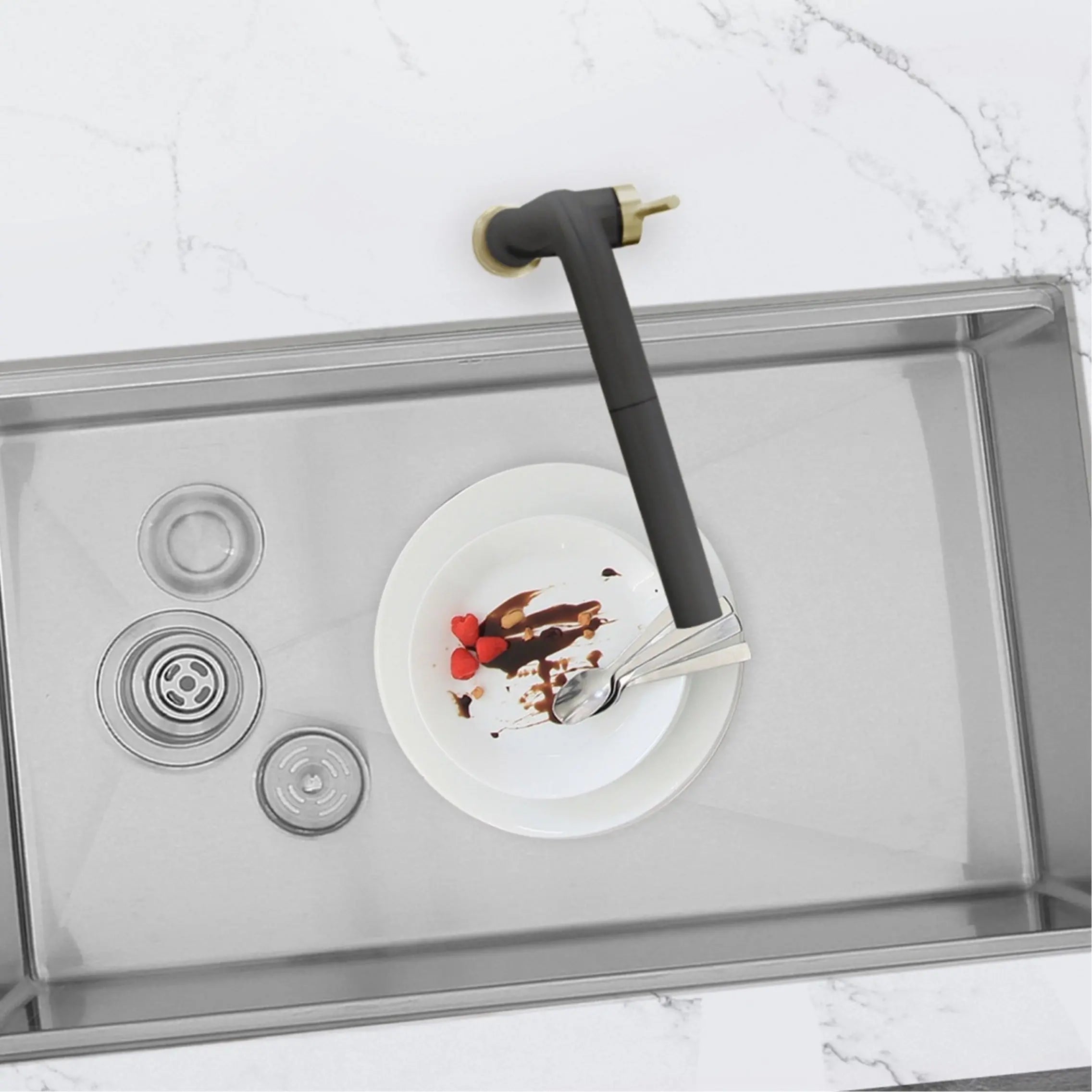 STYLISH Kitchen Sink Faucet Single Handle Pull Down Dual Mode Stainless Steel Matte Black with Gold Base and Handle Finish K-146NG - Plumbing Market