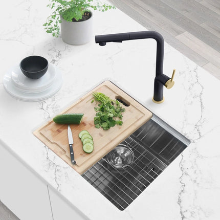 STYLISH Kitchen Sink Faucet Single Handle Pull Down Dual Mode Stainless Steel Matte Black with Gold Base and Handle Finish K-146NG - Plumbing Market