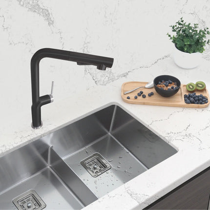 STYLISH Kitchen Sink Faucet Single Handle Pull Down Dual Mode Stainless Steel Matte Black with Silver Base and Handle Finish K-146NS - Plumbing Market