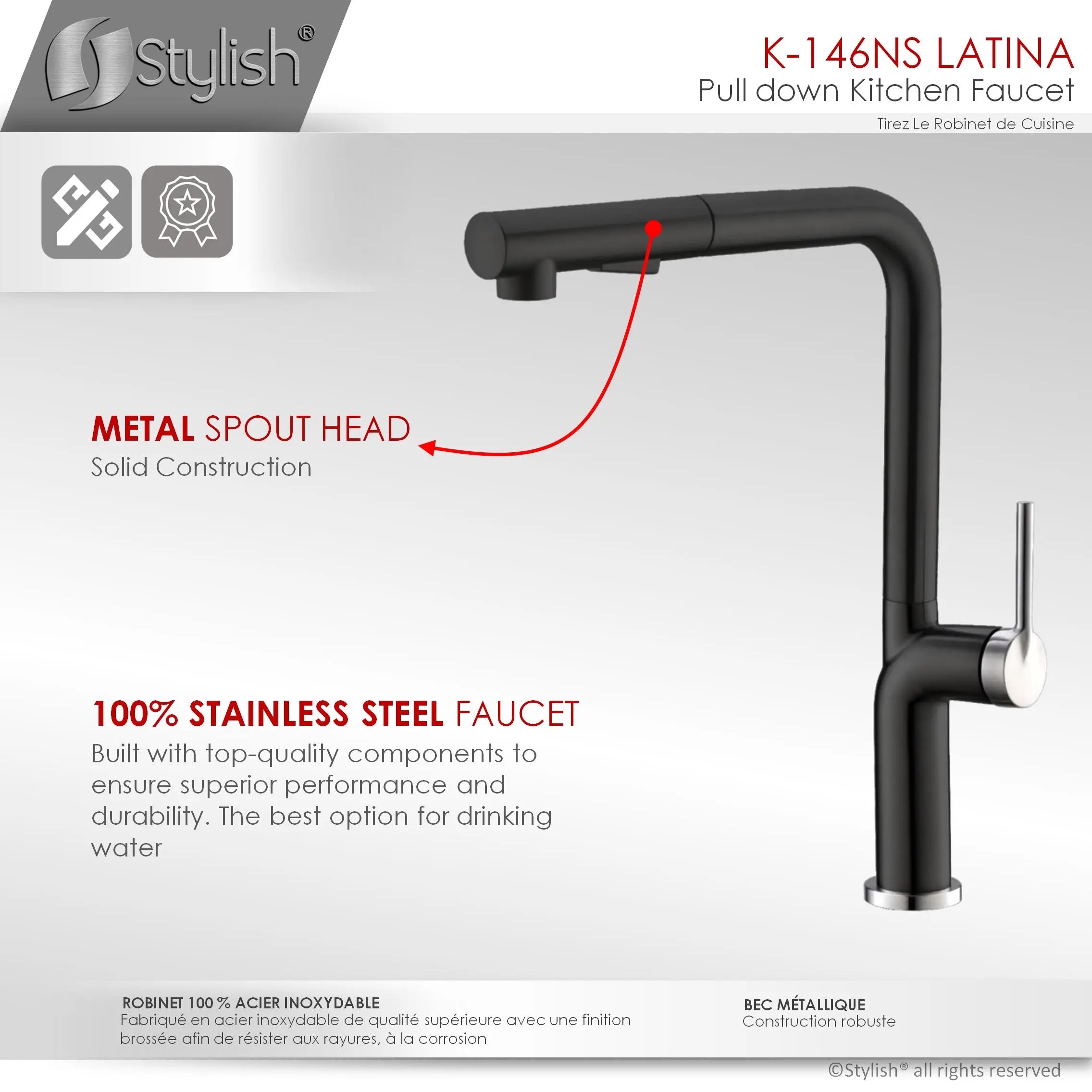 STYLISH Kitchen Sink Faucet Single Handle Pull Down Dual Mode Stainless Steel Matte Black with Silver Base and Handle Finish K-146NS - Plumbing Market