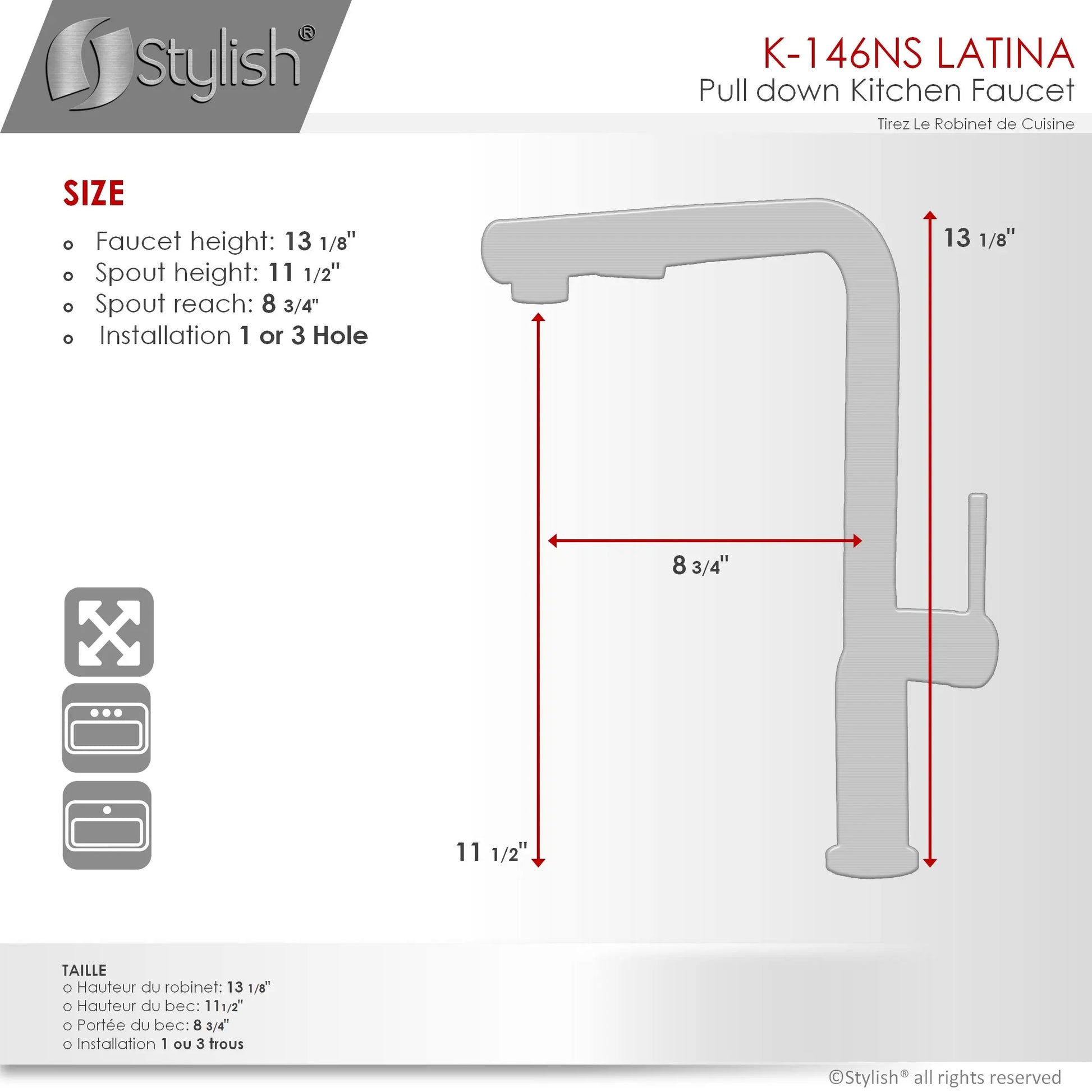 STYLISH Kitchen Sink Faucet Single Handle Pull Down Dual Mode Stainless Steel Matte Black with Silver Base and Handle Finish K-146NS - Plumbing Market